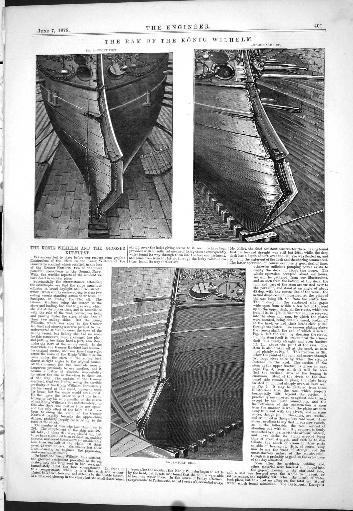 Old 1878 Ram Konig Wilhelm Grosser Kurfurst Port Side Starboard Front Victorian