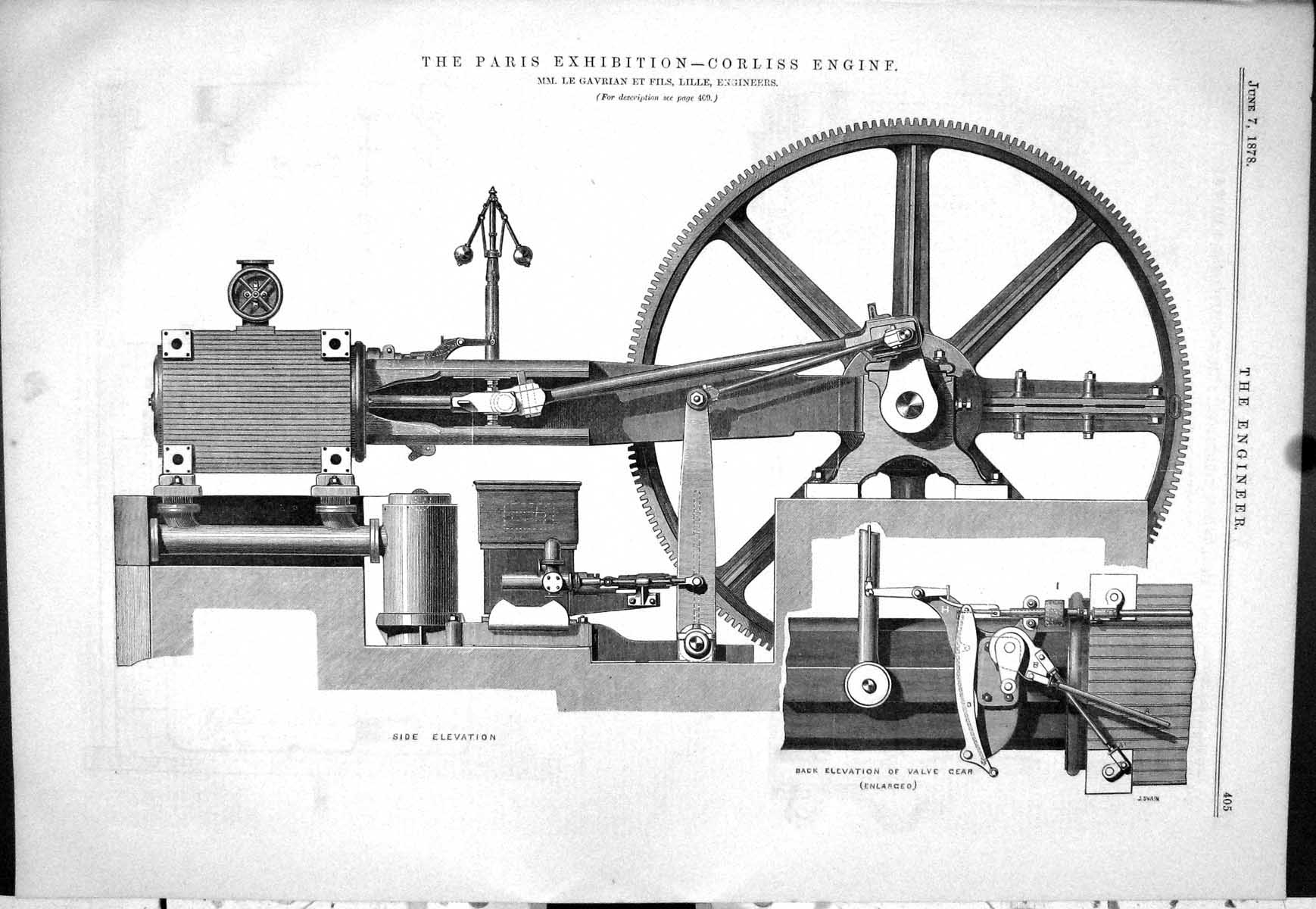 Antique Old Print 1878 Paris Exhibition Corliss Engine Lille Gavrian Et Fils