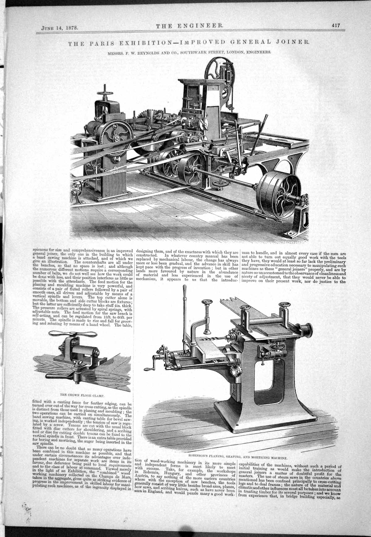 Antique Print 1878 Paris Exhibition Joiner Reyns Crown Floor Clamp Robinson
