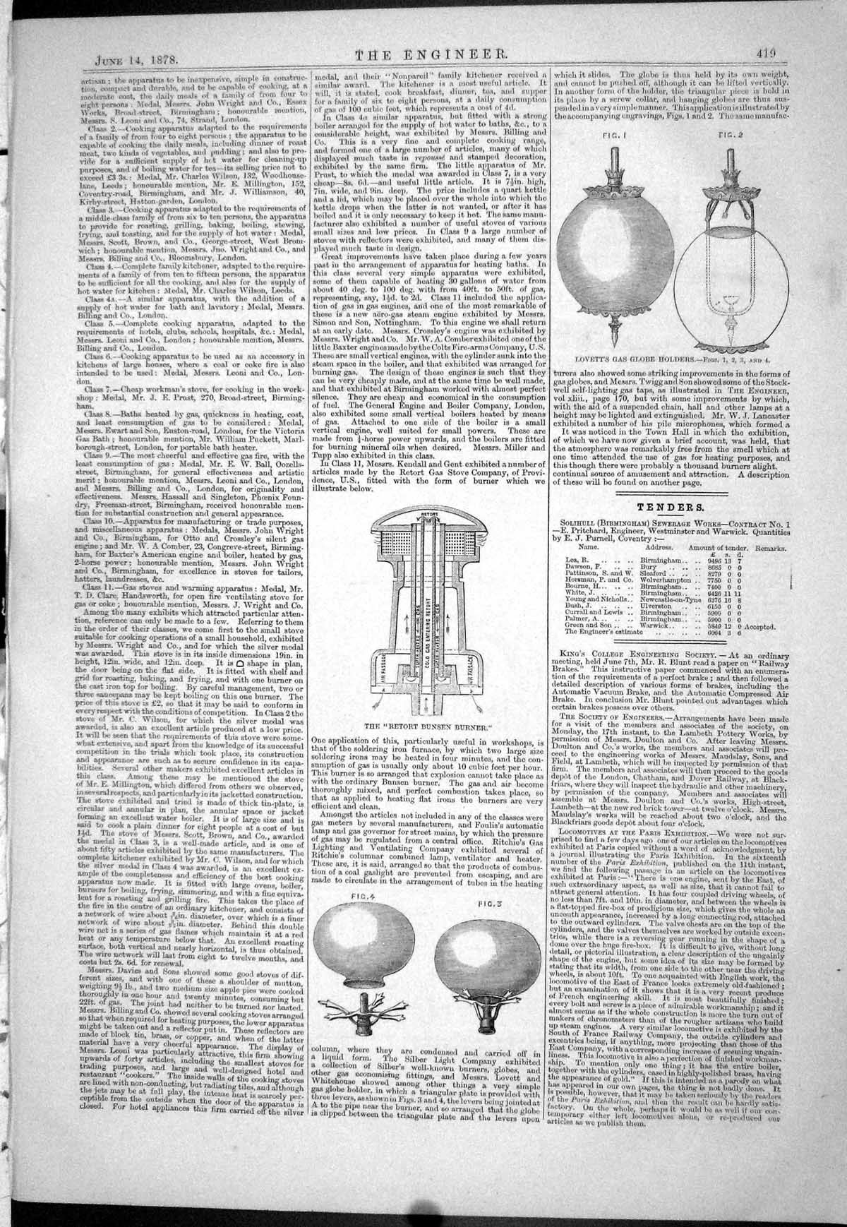 Old Print Bunsen Burner Lovett Gas Globe Hers 1878 Passenger Engine Pari 19th