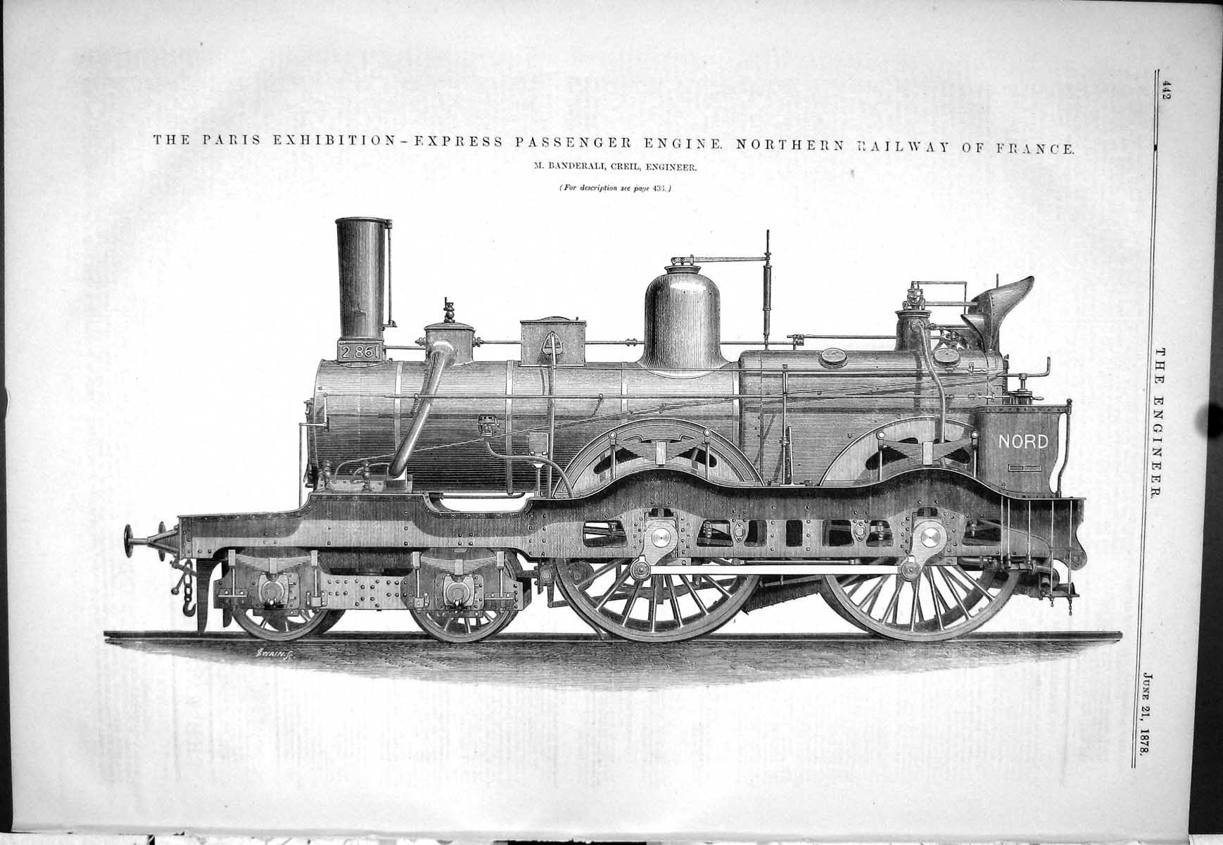 Old Print 1878 Paris Exhibition Express Passenger Engine Banderali France 19th