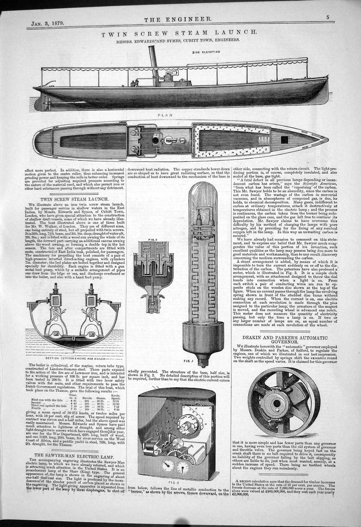 Old 1879 Twin Screw Steam Launch Edwards Symes Deakin Parker Sawyer-M Victorian