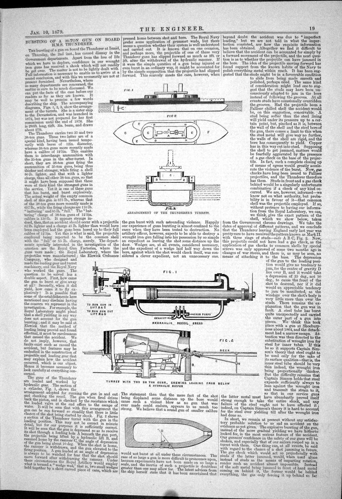 Old Print 1879 Arrangement Thunderer Turrets 38 Ton Guns Hydraulic Buffer 19th