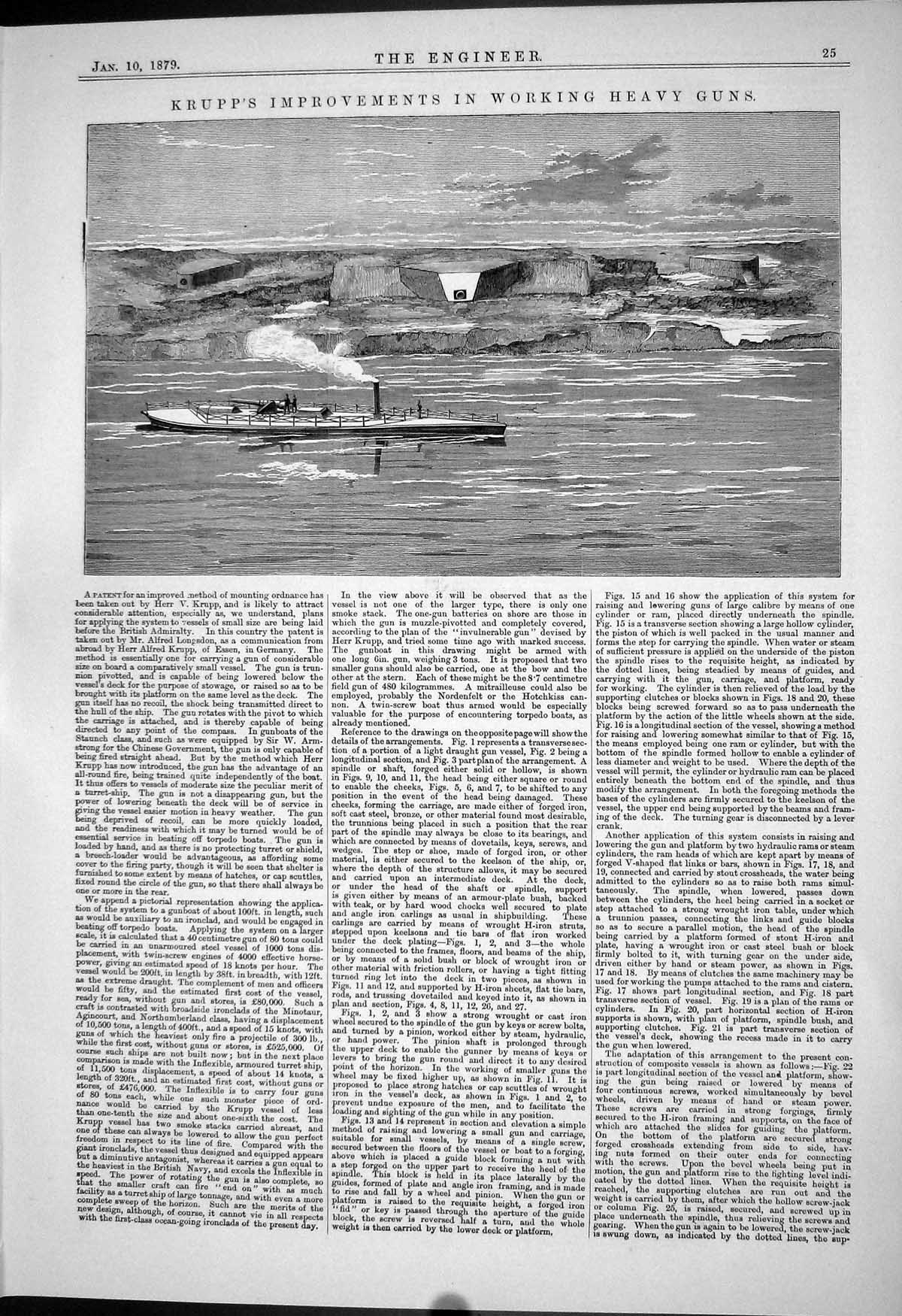Old Engineering 1879 Krupp Improvements Working Heavy Guns Boat Weapo Victorian