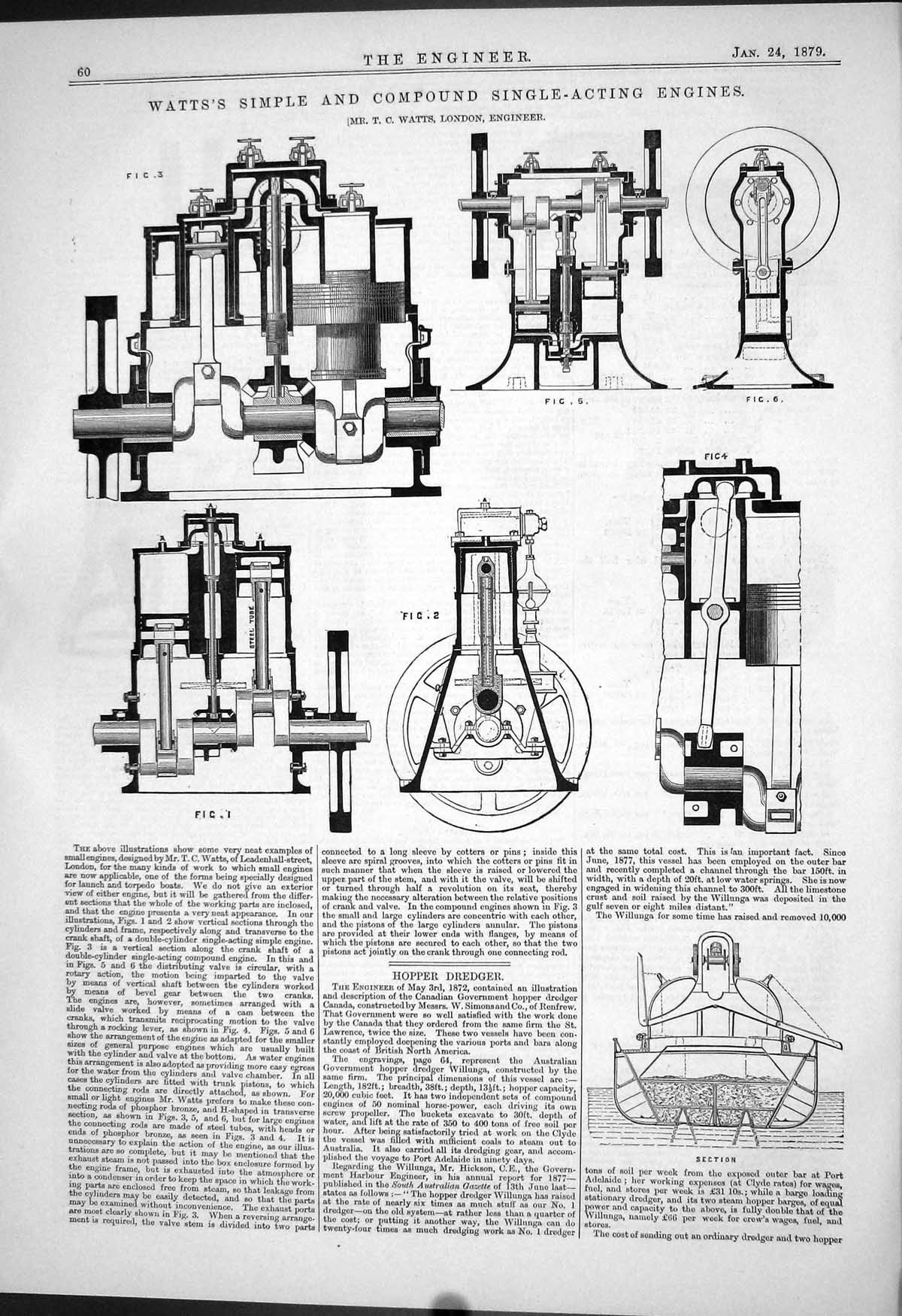 Antique Old Print 1879 Watts Simple Compound Single-Acting Engines Machinery