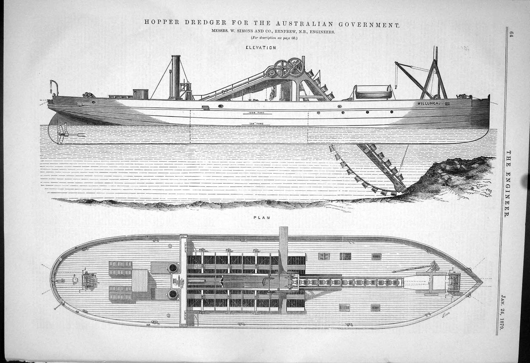 Antique Print 1879 Hopper Dredger Australian Government Ship Simons Renfrew