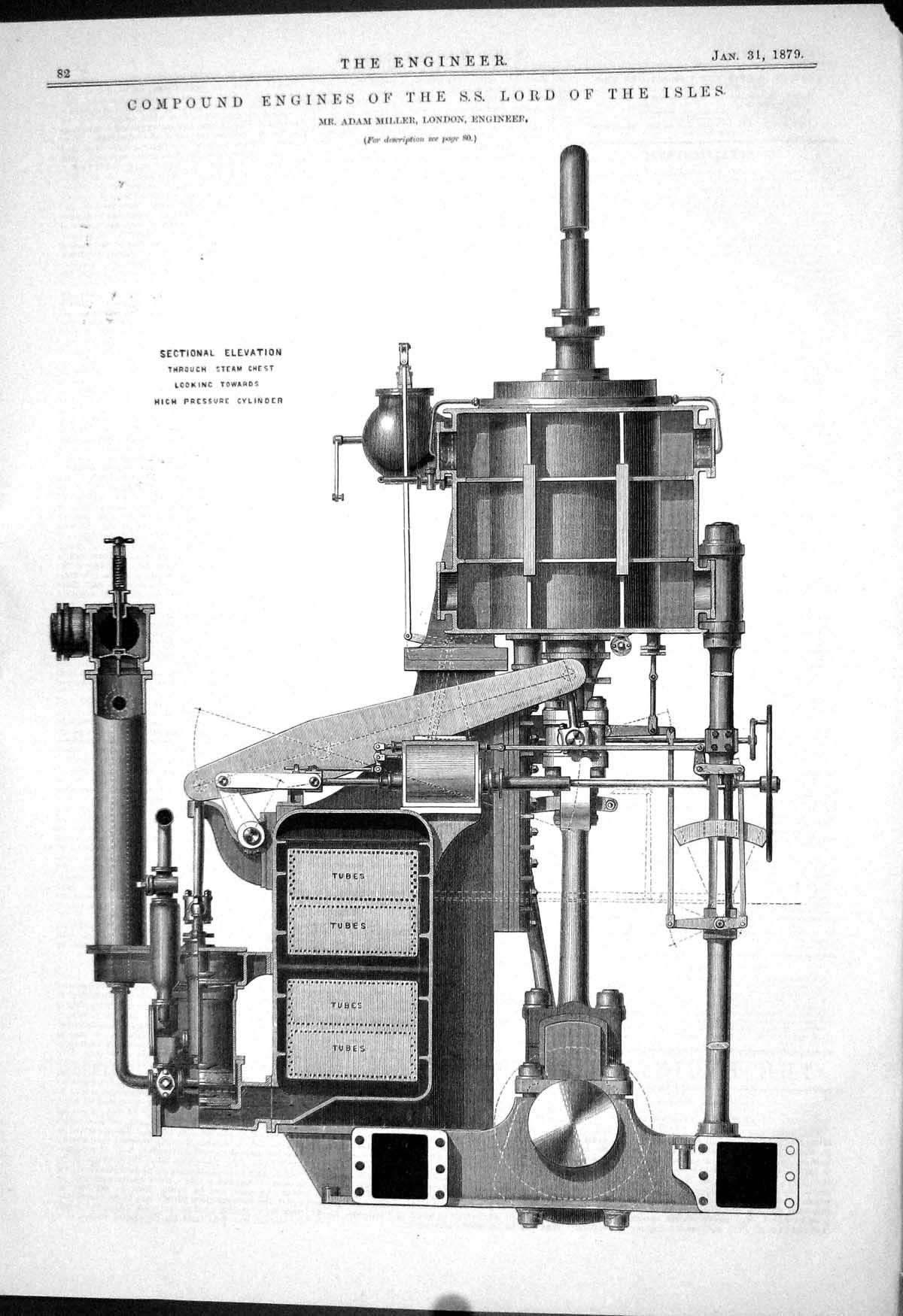 Antique Old Print 1879 Compound Engines S.S. Lord Isles Adam Miller Machinery