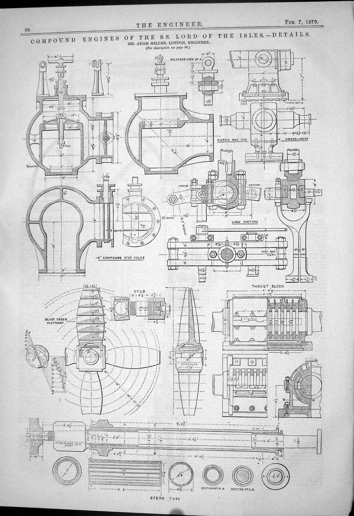 Antique Print 1879 Compound Engines S.S. Lord Isles Adam Miller Stern Tube 19th
