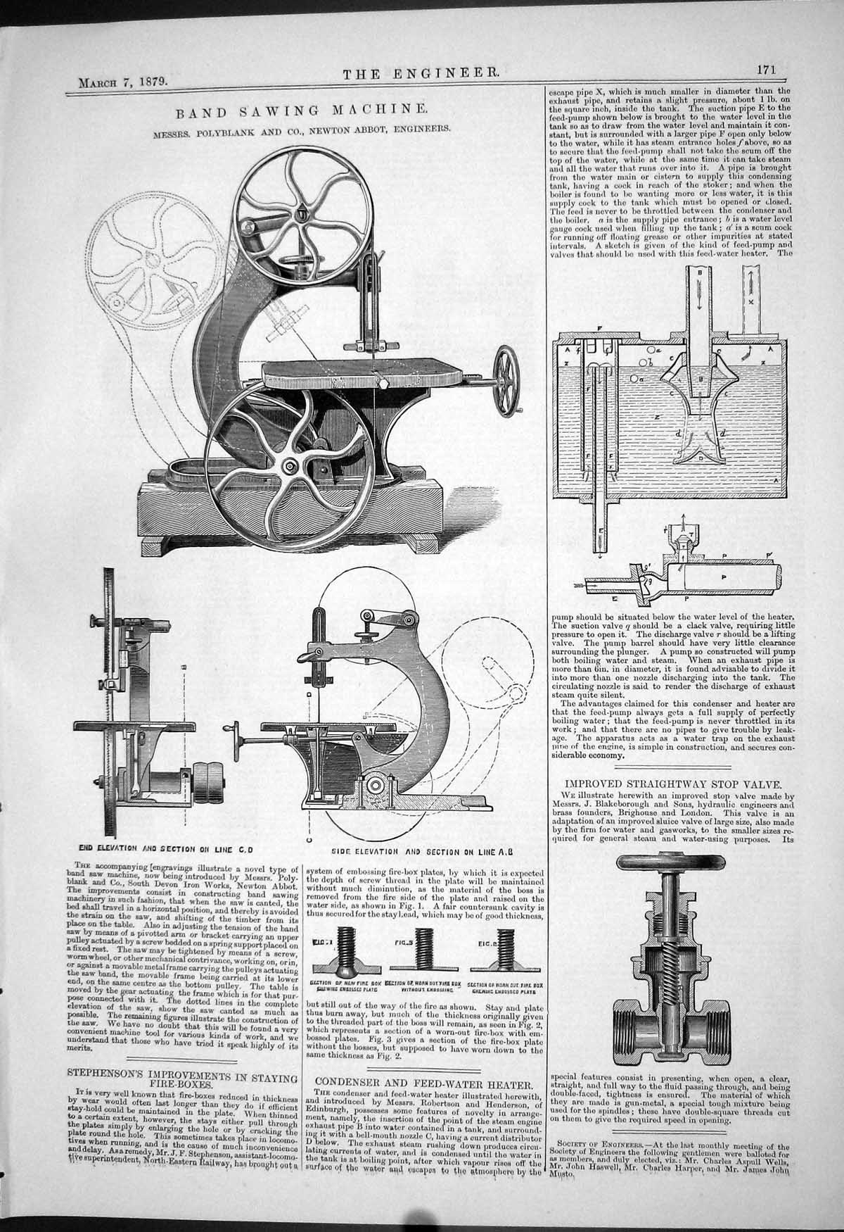 Old Print Stop Valve Stephenson 1879 Band Saw Machinery Polyblank Newton 19th
