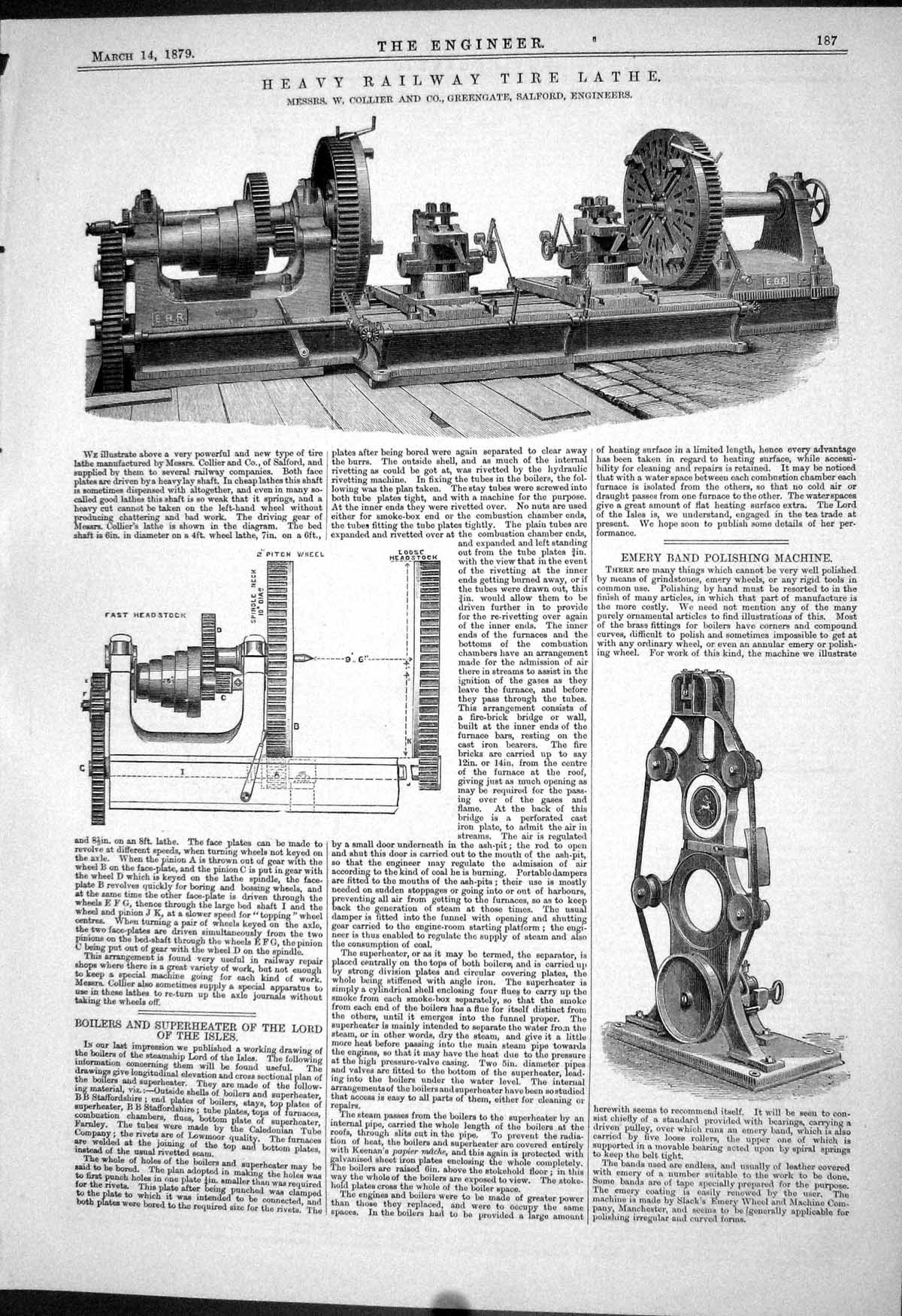 Old Print 1879 Heavy Railway Tire Lathe Collier Emery Polishing Machinery 19th