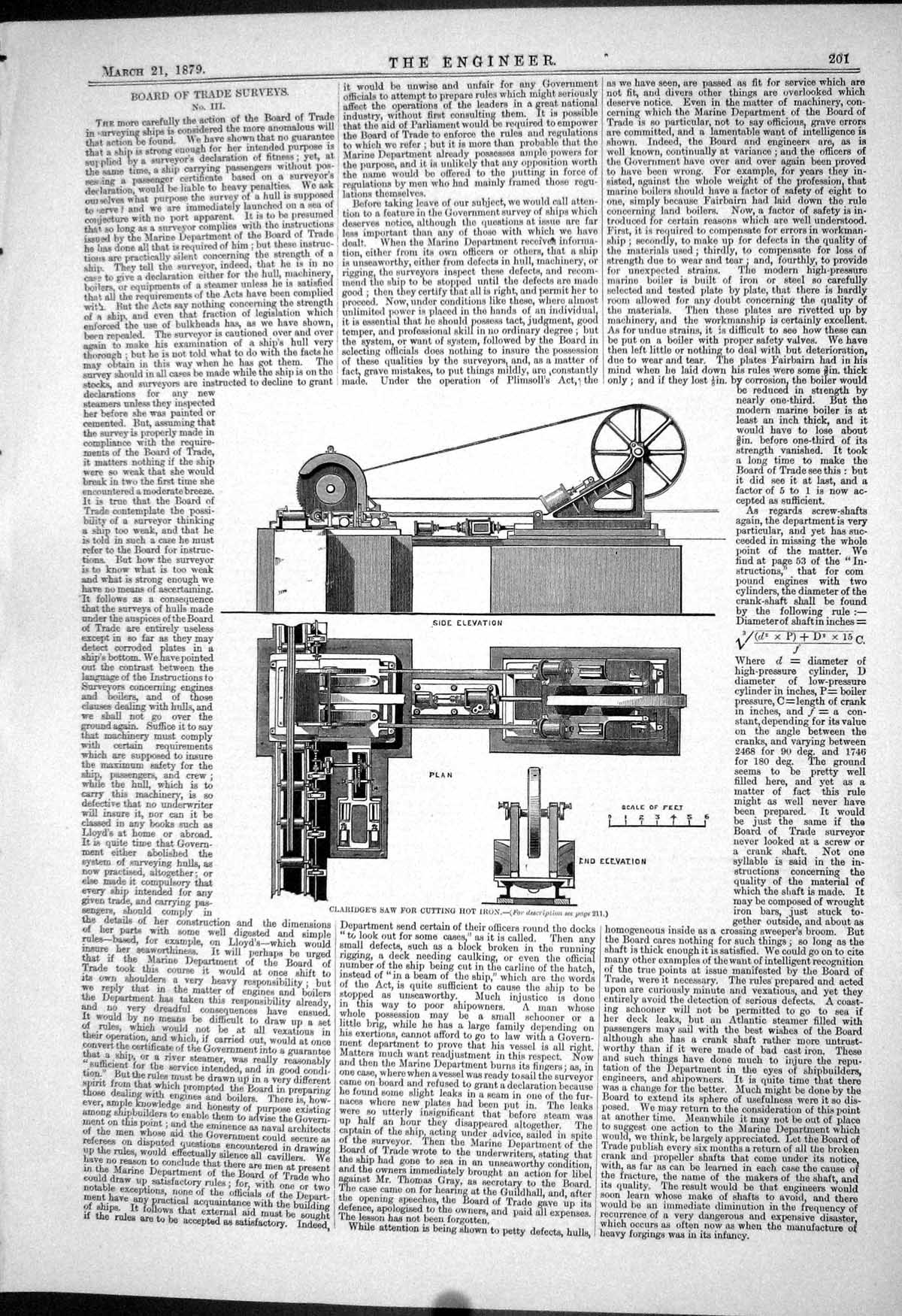 Antique Old Print 1879 Claridge Saw Cutting Hot Iron Machinery Side Elevation