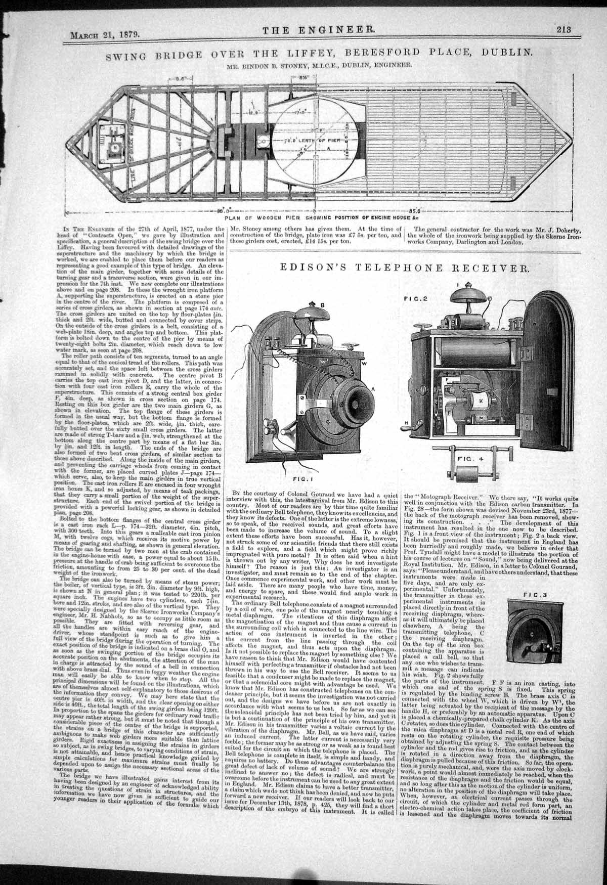 Old Bindon Stoney 1879 Swing Bridge River Liffey Dublin Edison Teleph Victorian