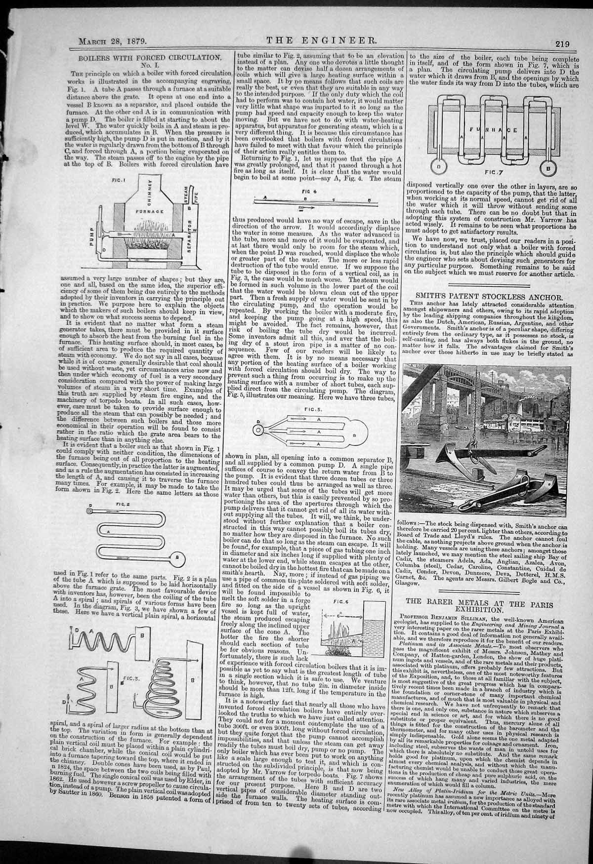 Antique Print 1879 Boilers Forced Circulation Smith Patent Stockless Anchor
