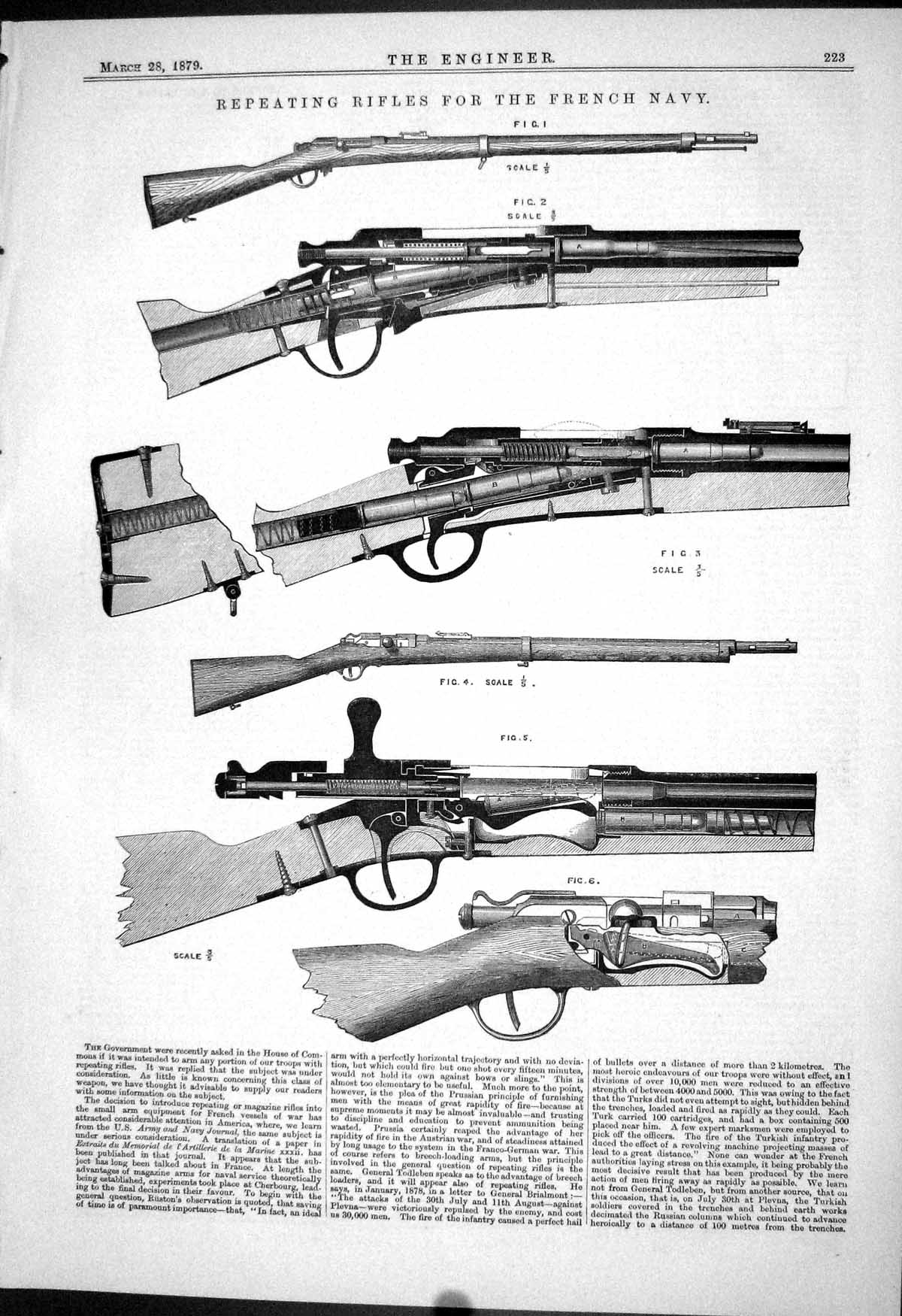 Antique Old Print Engineering 1879 Repeating Rifles French Navy War Weapons
