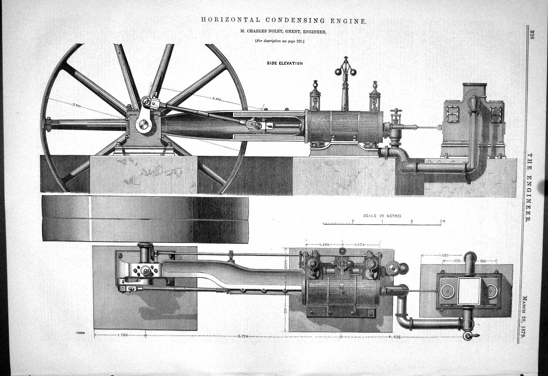 Old Print 1879 Horizontal Condensing Engine Charles Nolet Ghent Machinery 19th