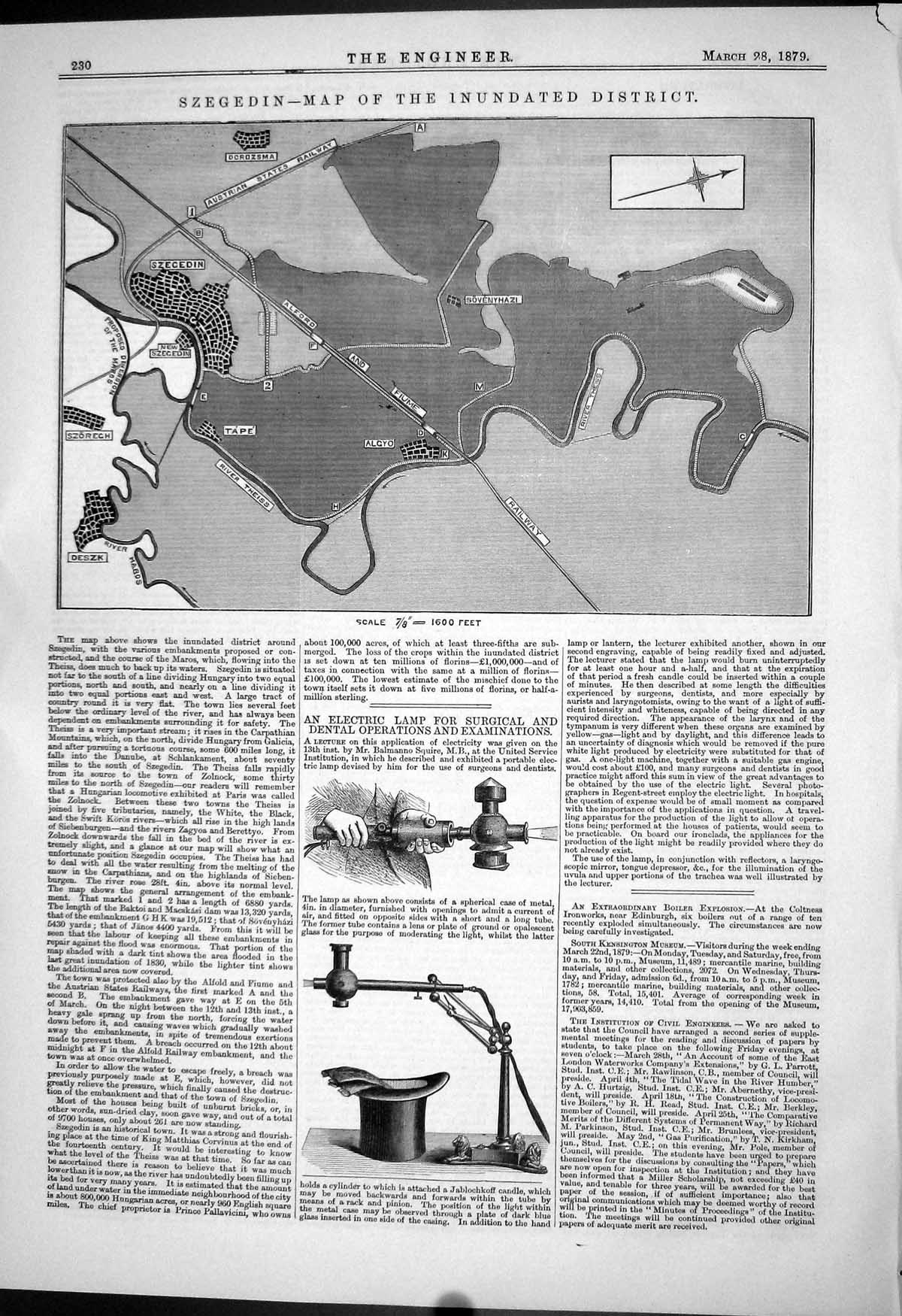 Old 1879 Map Inundated District Szegedin Electric Lamp Surgical Denta Victorian