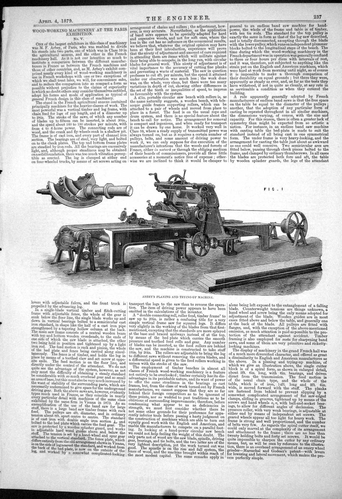 Old 1879 Wood Working Machinery Paris Exhibition Abbey Planing Trying Victorian