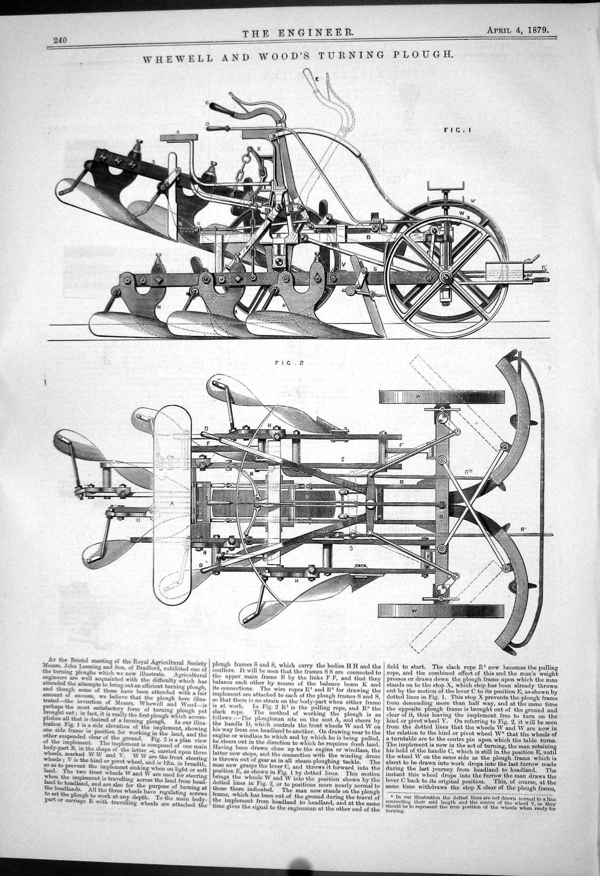 Old Engineering 1879 Whewell Wood Turning Plough Agricultural Machine Victorian