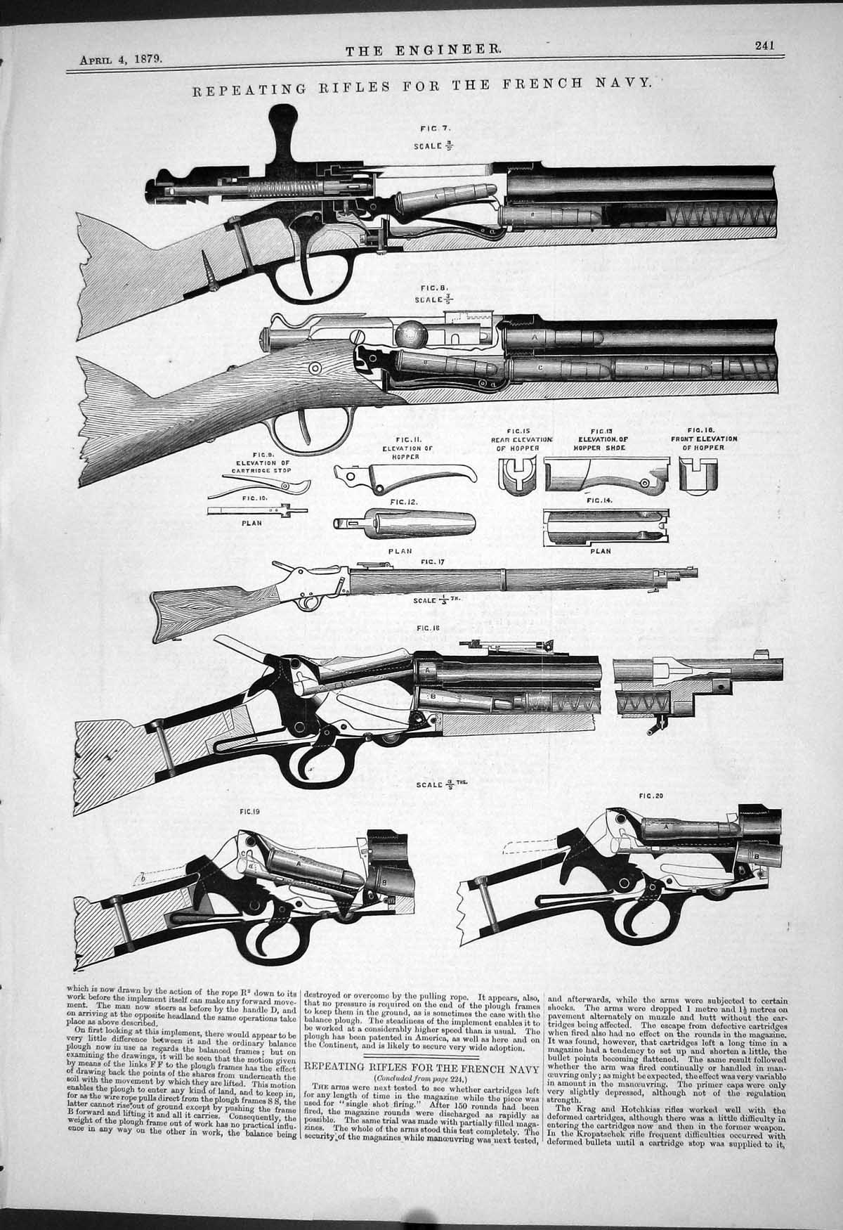 Antique Old Print 1879 Repeating Rifles French Navy Cartridge Hopper Magazine