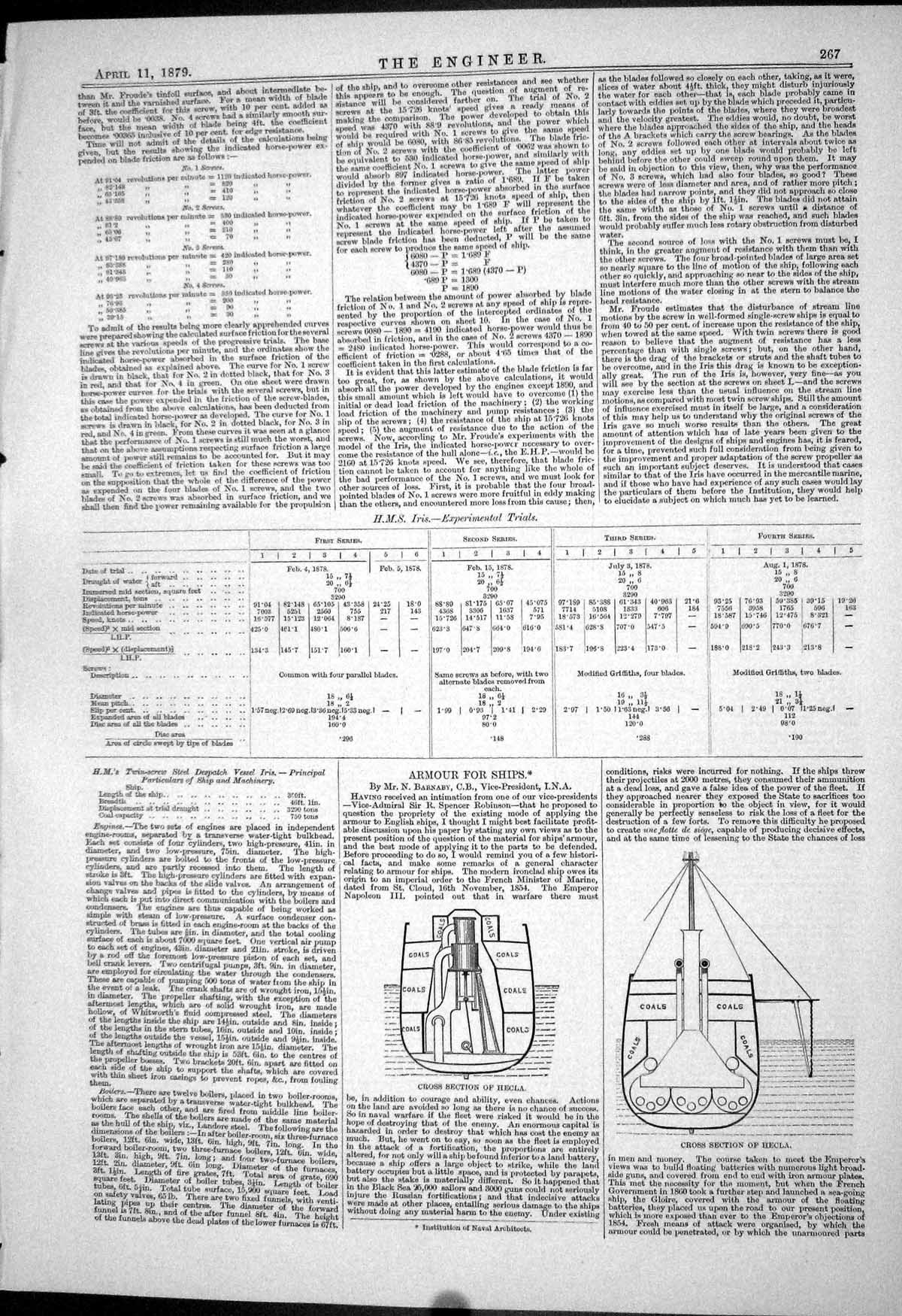 Old Print Engineering 1879 Drawing Cross Section Hecla Ship Coal Storage 19th