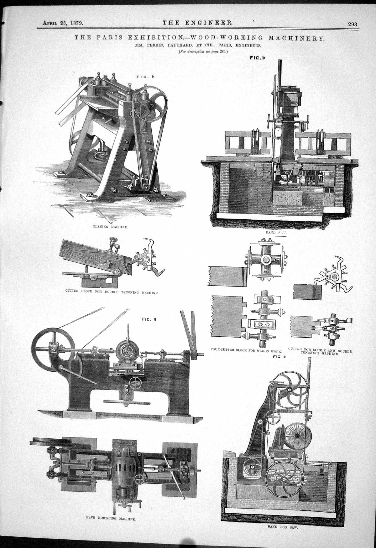 Old Print 1879 Wood Working Machinery Perrin Pauchard Machinery Band Saw 19th