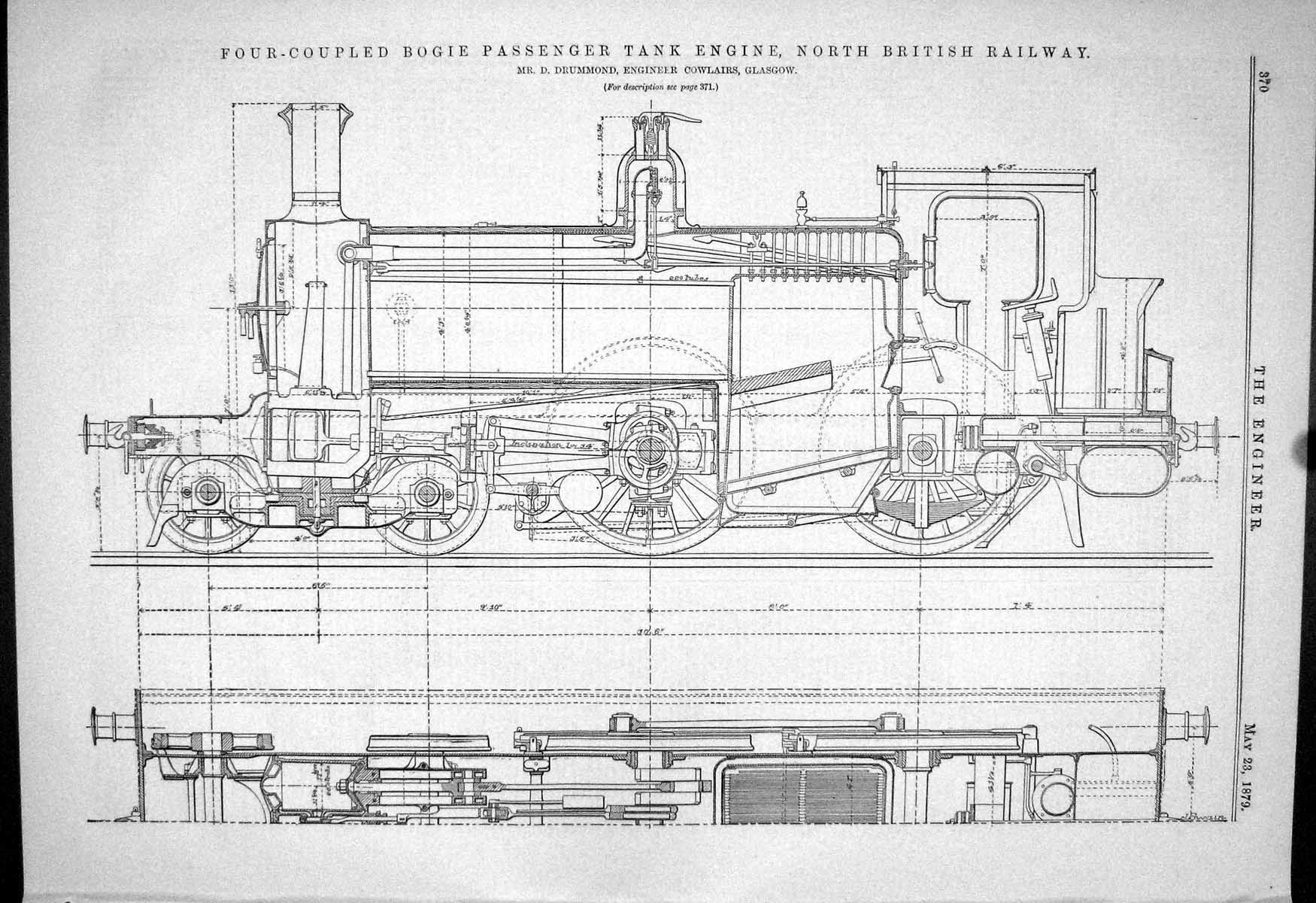 Old Print 1879 Bogie Passenger Tank Engine Train British Railway Drummond 19th