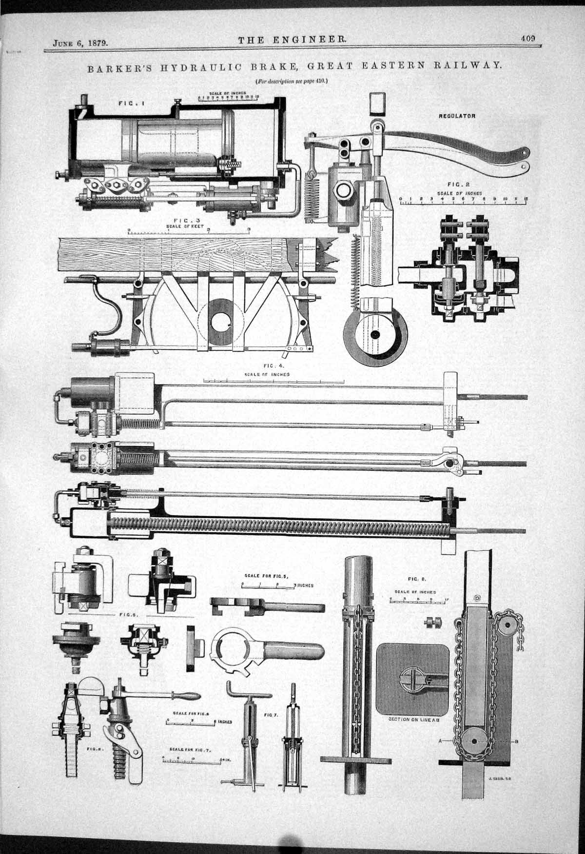 Antique Old Print 1879 Barker Hydraulic Brake Great Eastern Railway Machinery