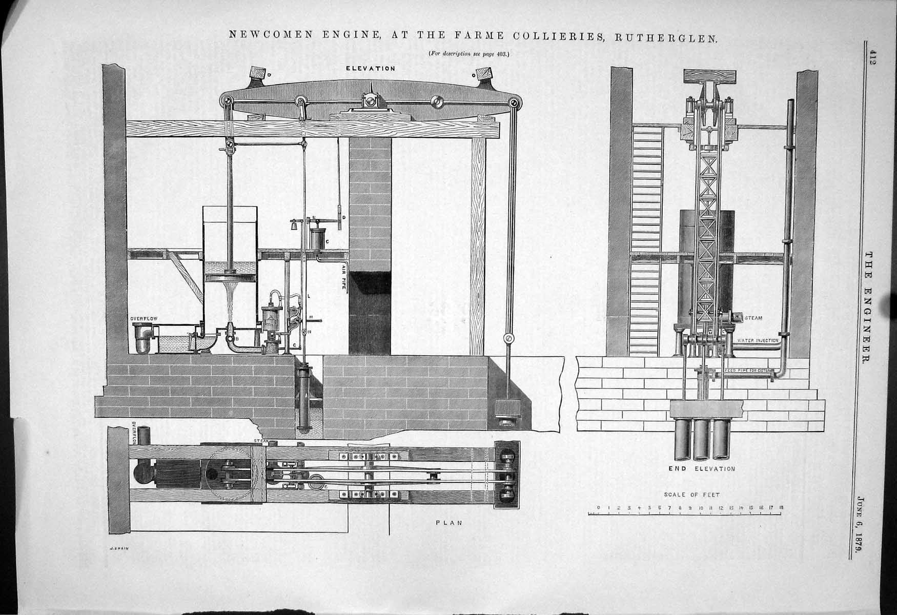 Antique Old Print 1879 Newcomen Engine Farme Collieries Rutherglen Machinery