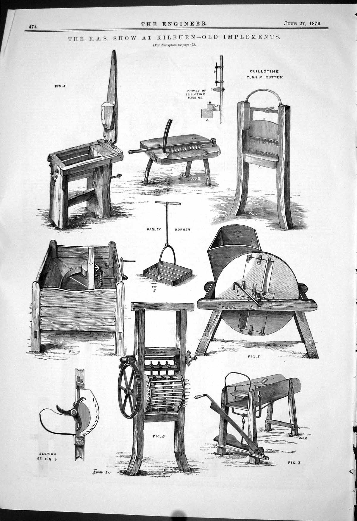 Antique Print 1879 R.A.S. Show Kilburn Implements Turnip Cutter Barley Horn