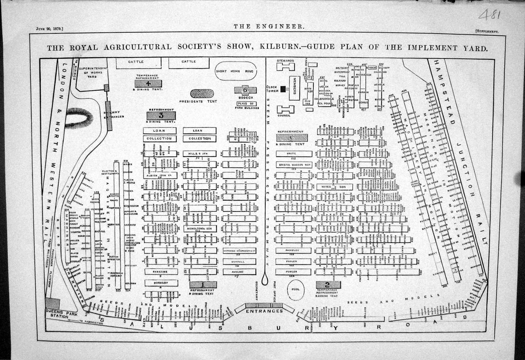 Old Print Engineering 1879 Kilburn Agricultural Show Plan Implement Yard 19th