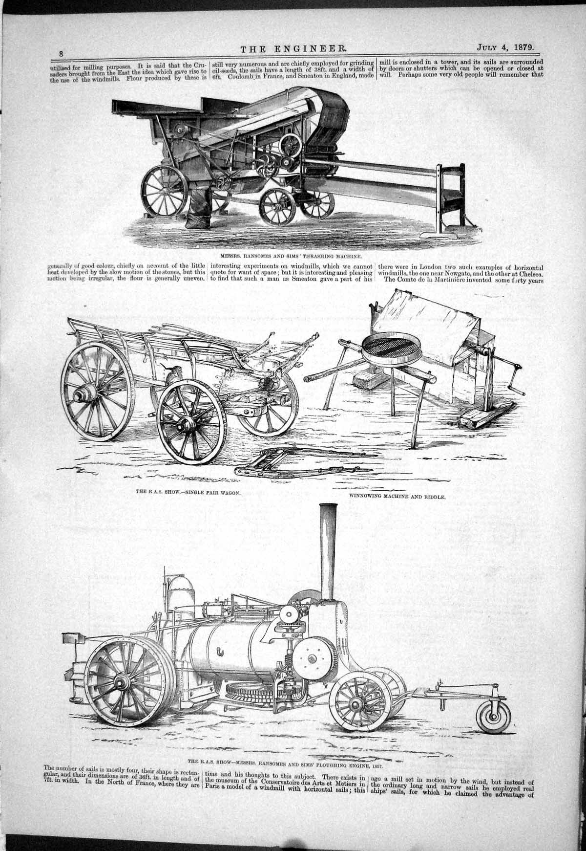 Old Print Ransome Sim Thrashing Machine 1879 R.A.S. Show Wagon Ploughing 19th