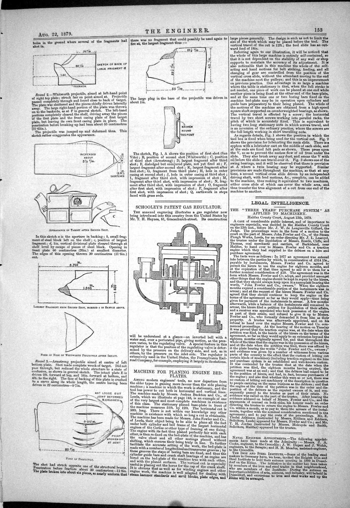 Old Print Schooley Gas Regulator 1879 Projectile Planing Engine Bedplates 19th