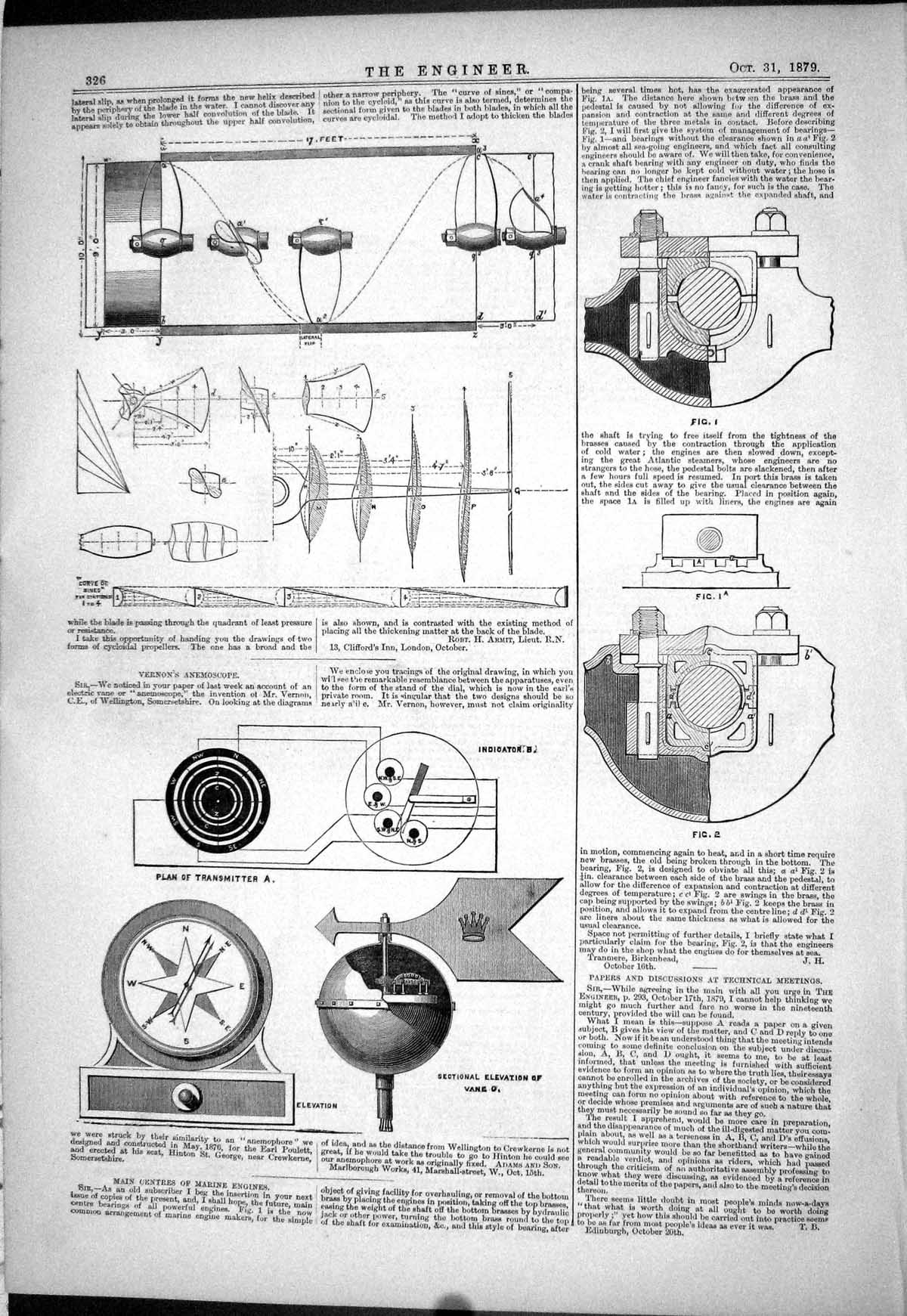 Old Print Marine Engines 1879 Vernon Anemoscope Main Centres Transmitter 19th