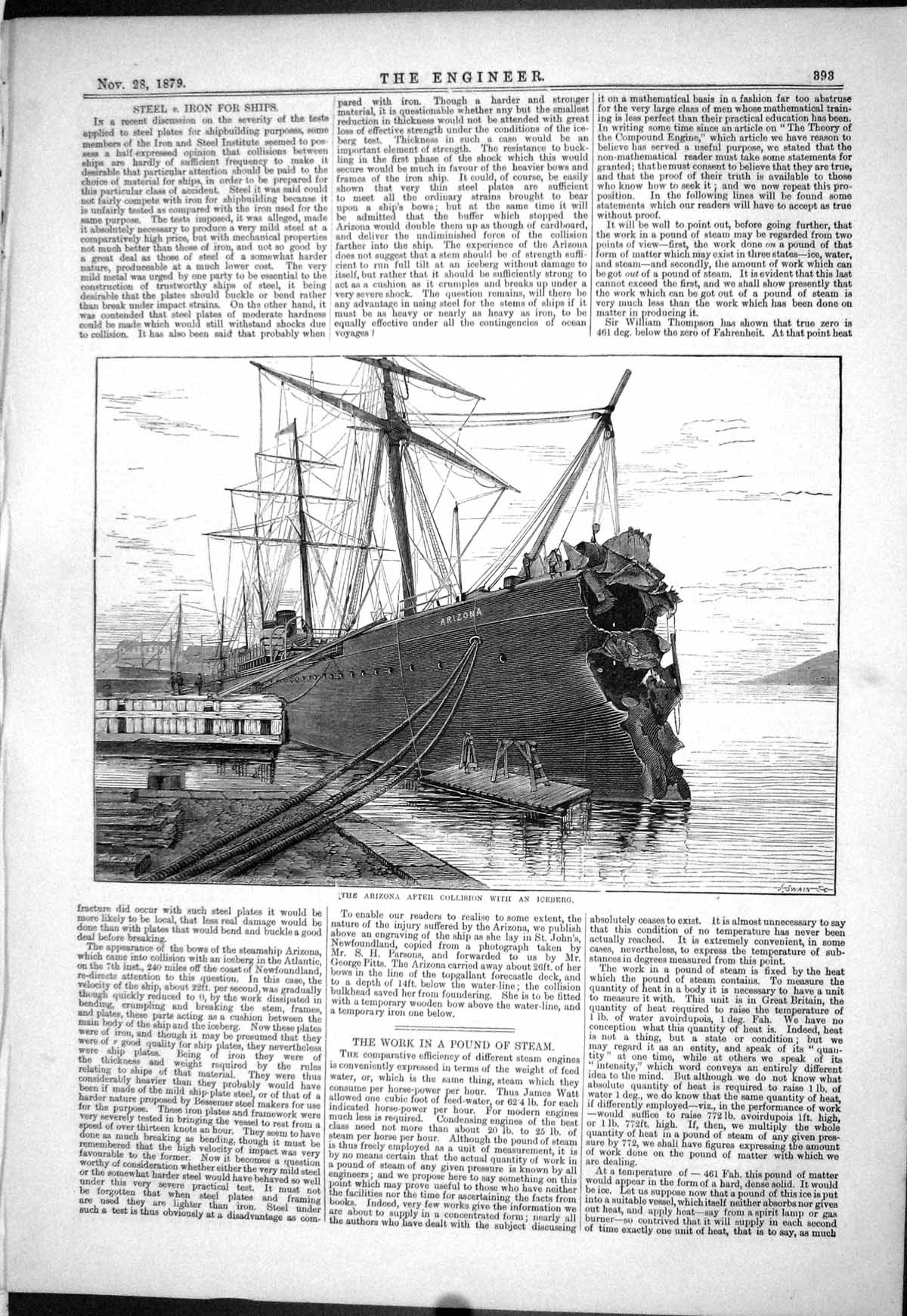 Antique Old Print Steel Iron Ships Arizona Collision Iceberg 1879 Steam Work