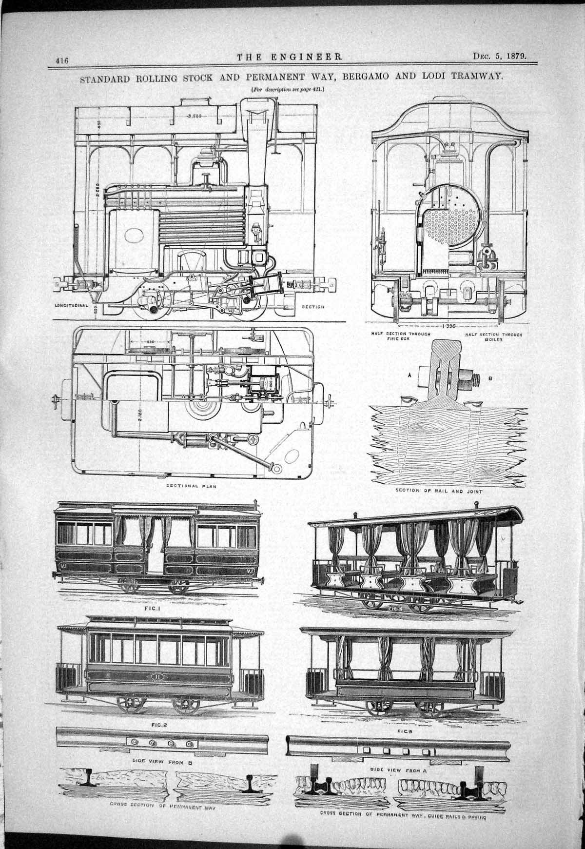 Old Print Standard Rolling Stock Permanent Way 1879 Bergamo Lodi Tramway 19th