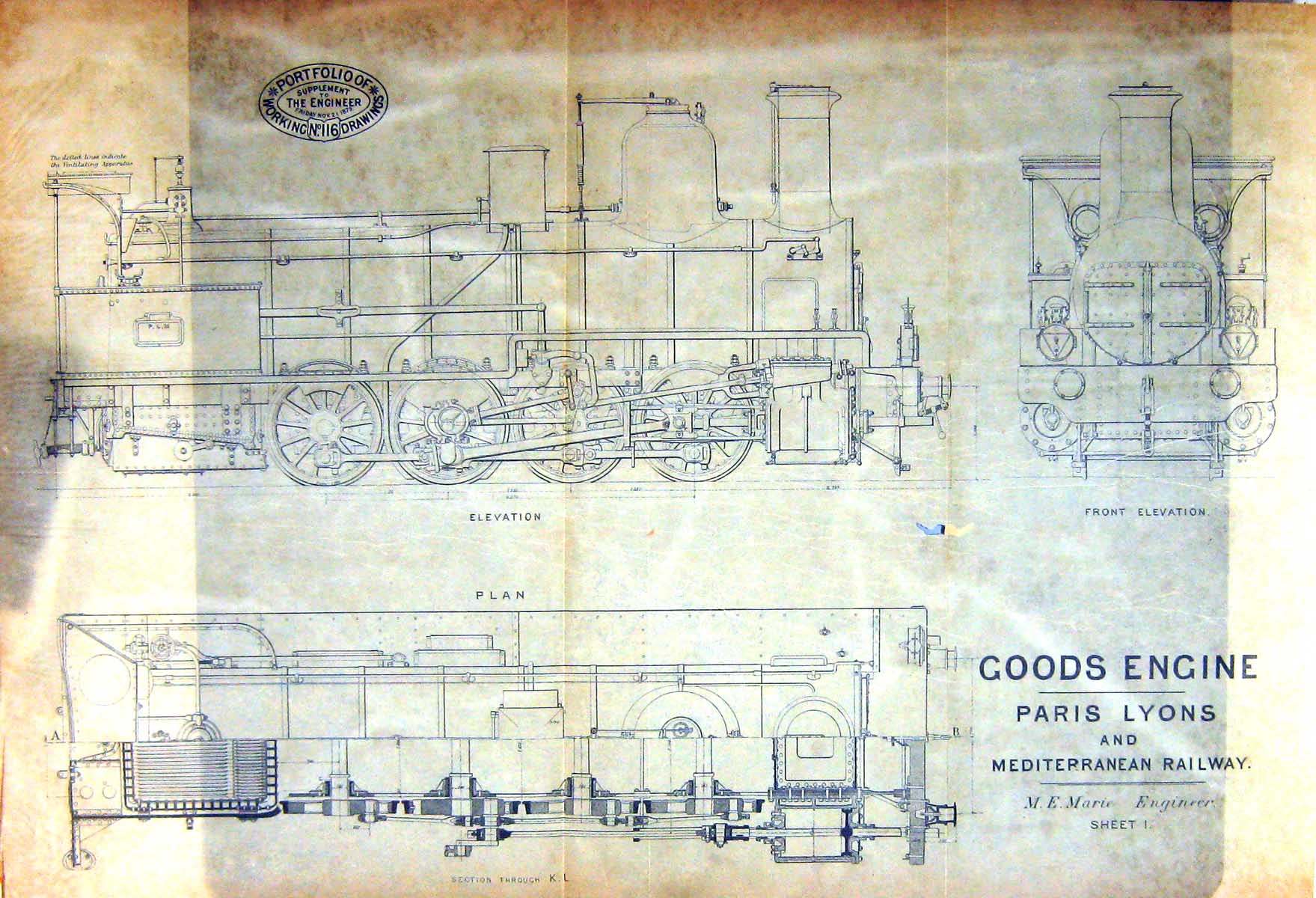 Old Tracing Paper 1879 Goods Engine Paris Lyons Mediterranean Railway 19th