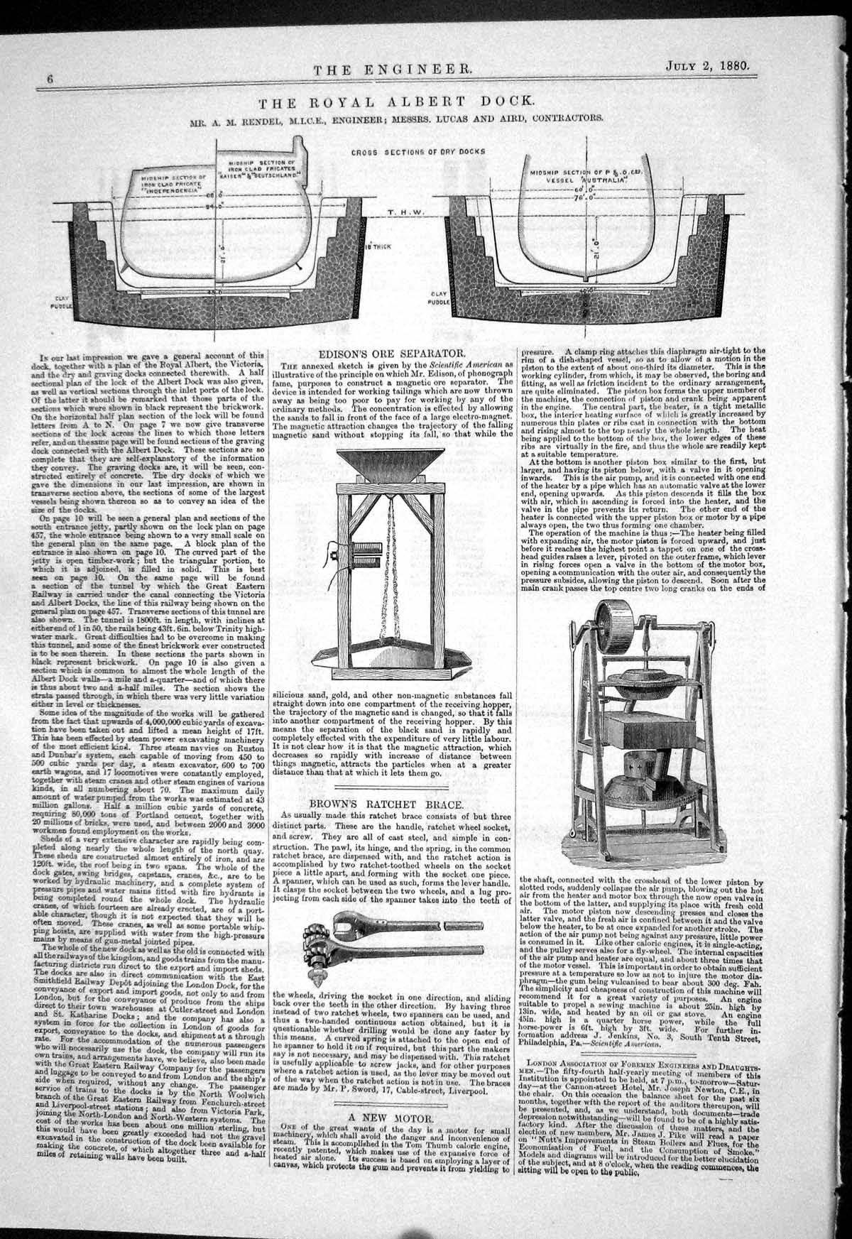 Old Print 1880 Royal Albert Dock Rendel Lucas Aird Edison Ore Brown Brace 19th