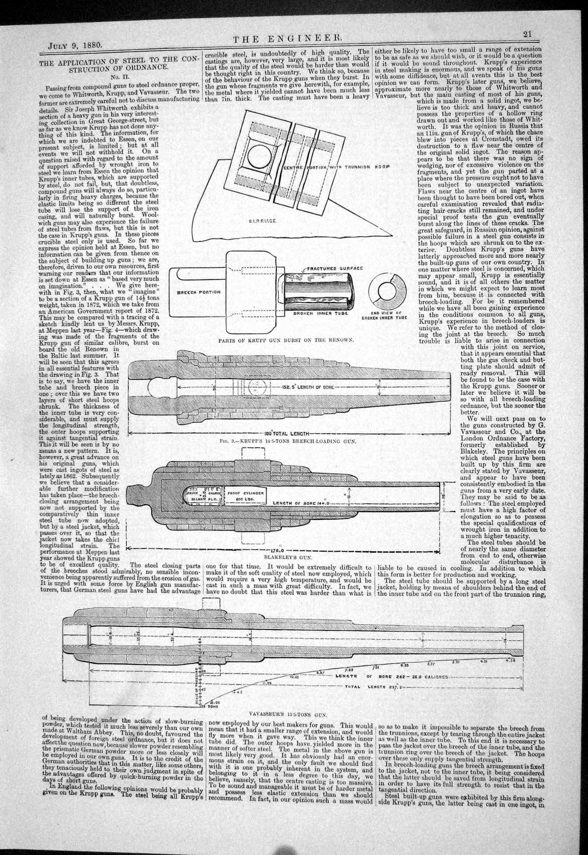 Antique Print 1880 Krupp Gun Burst Renown Blakeley Breech-Loading Vavasseur