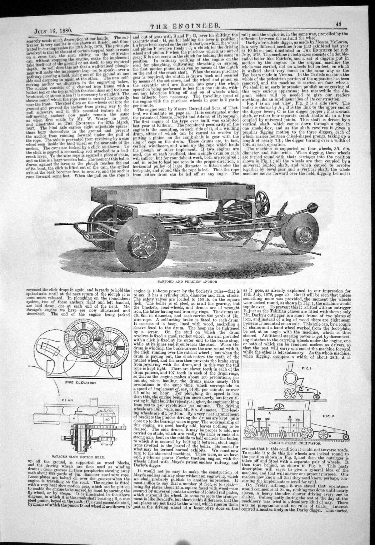 Old 1880 Barford Perkins Anchor Darby Steam Cultivator Savage Garrett Victorian