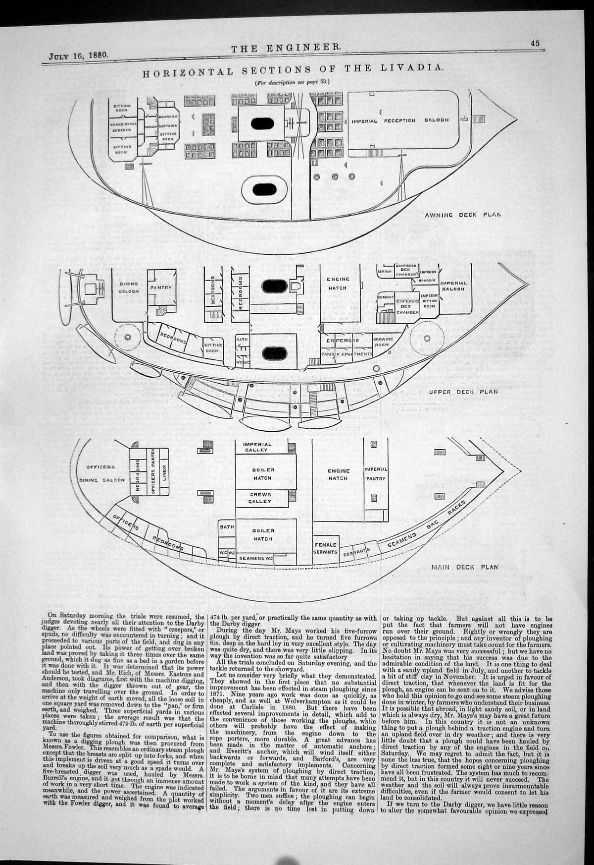 Antique Old Print 1880 Horizontal Sections Livadia Ship Awning Main Deck Plan