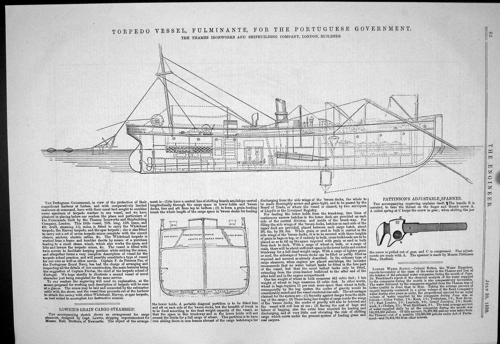 Old Engineering 1880 Torpedo Ship Fulminante Portuguese Government Lo Victorian