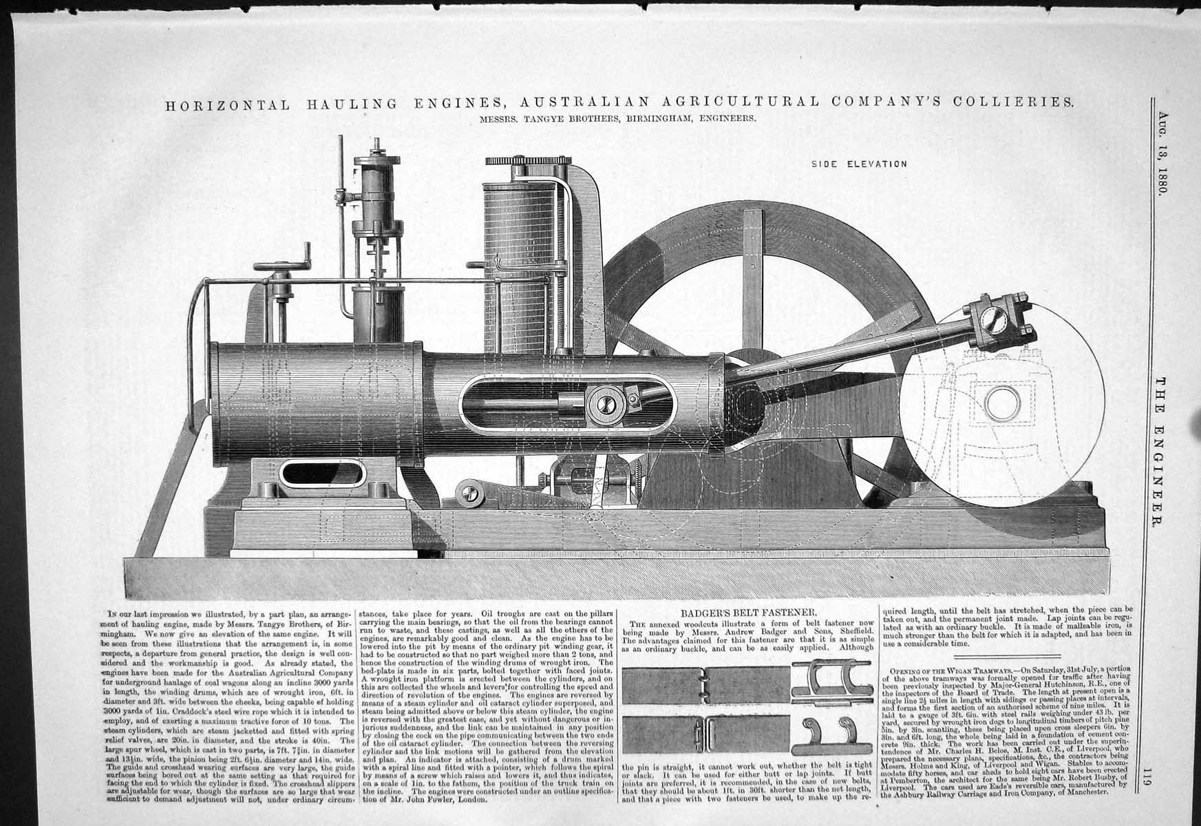 Antique Print 1880 Horizontal Hauling Engines Australian Collieries Tangye 19th