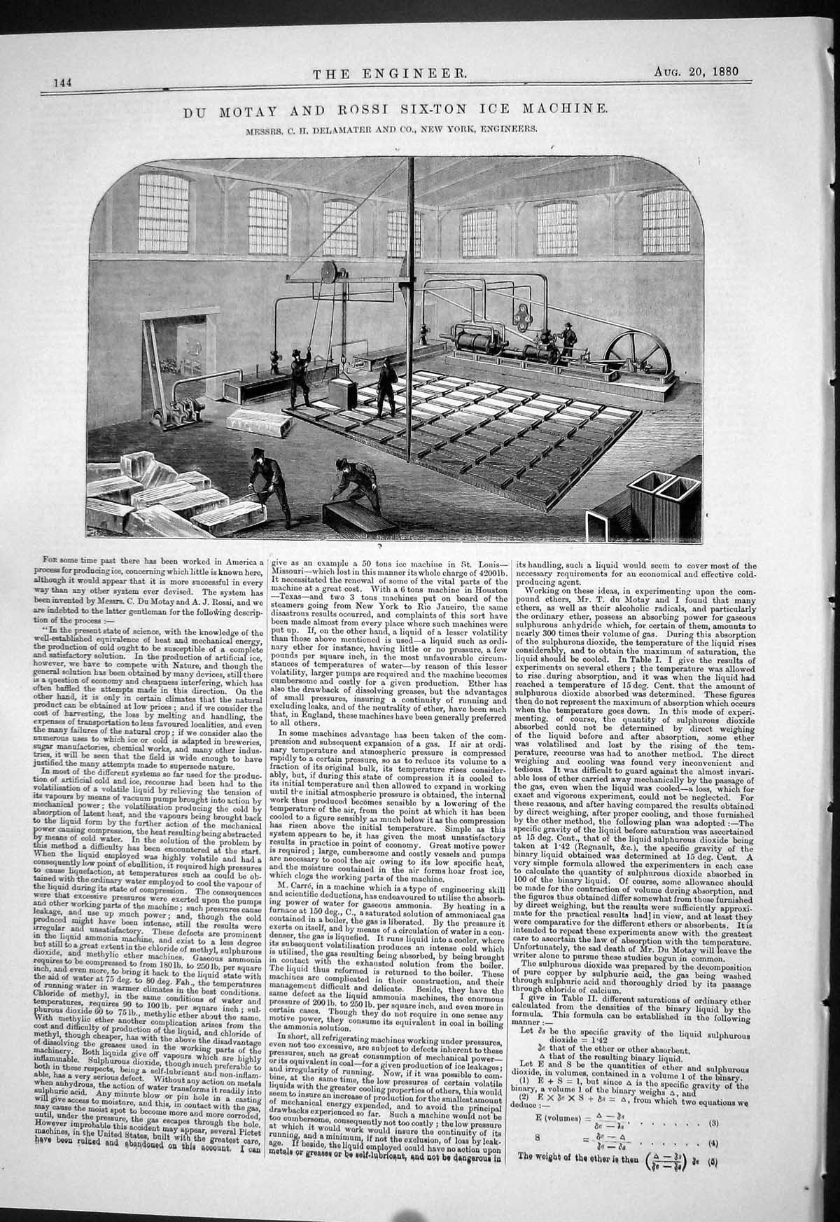 Antique Old Print Du Motay Rossi Six-Ton Ice Machine Delamater New York 1880