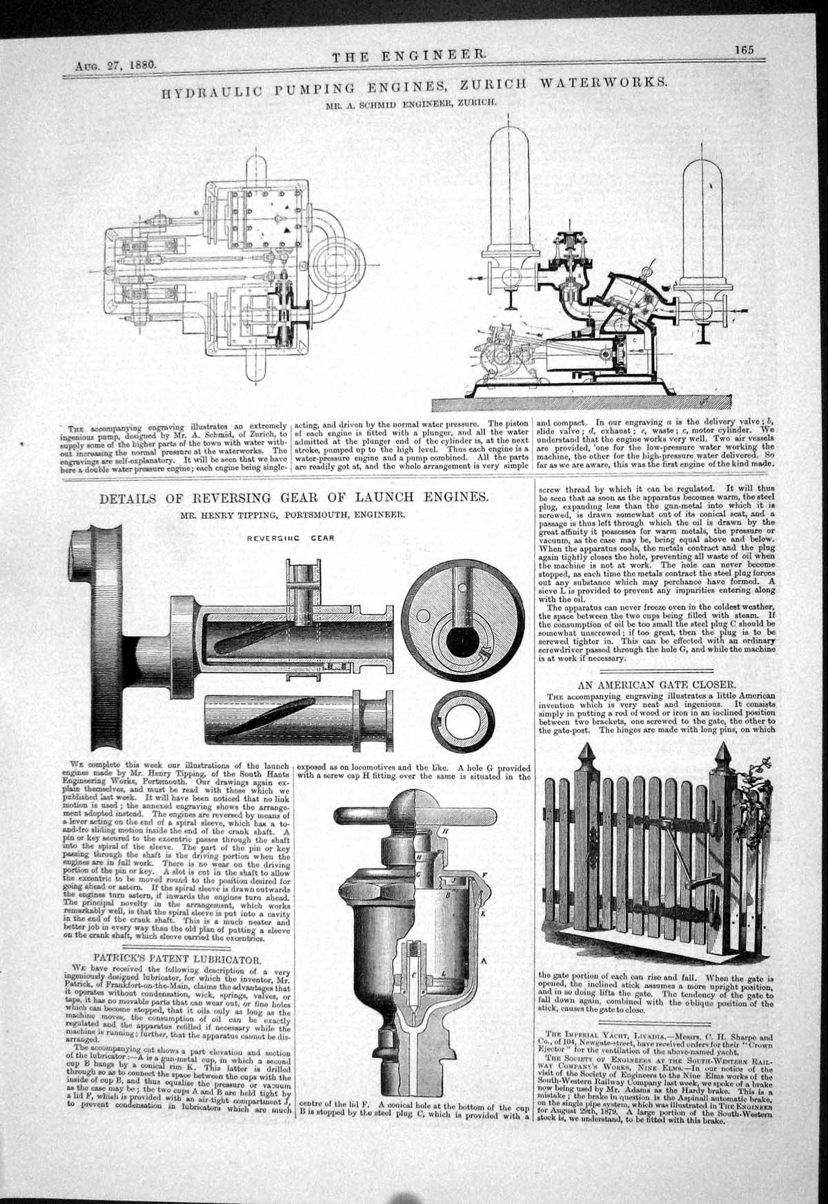 Old Print 1880 Hydraulic Pumping Engines Zurich Waterworks Schmid Tipping 19th