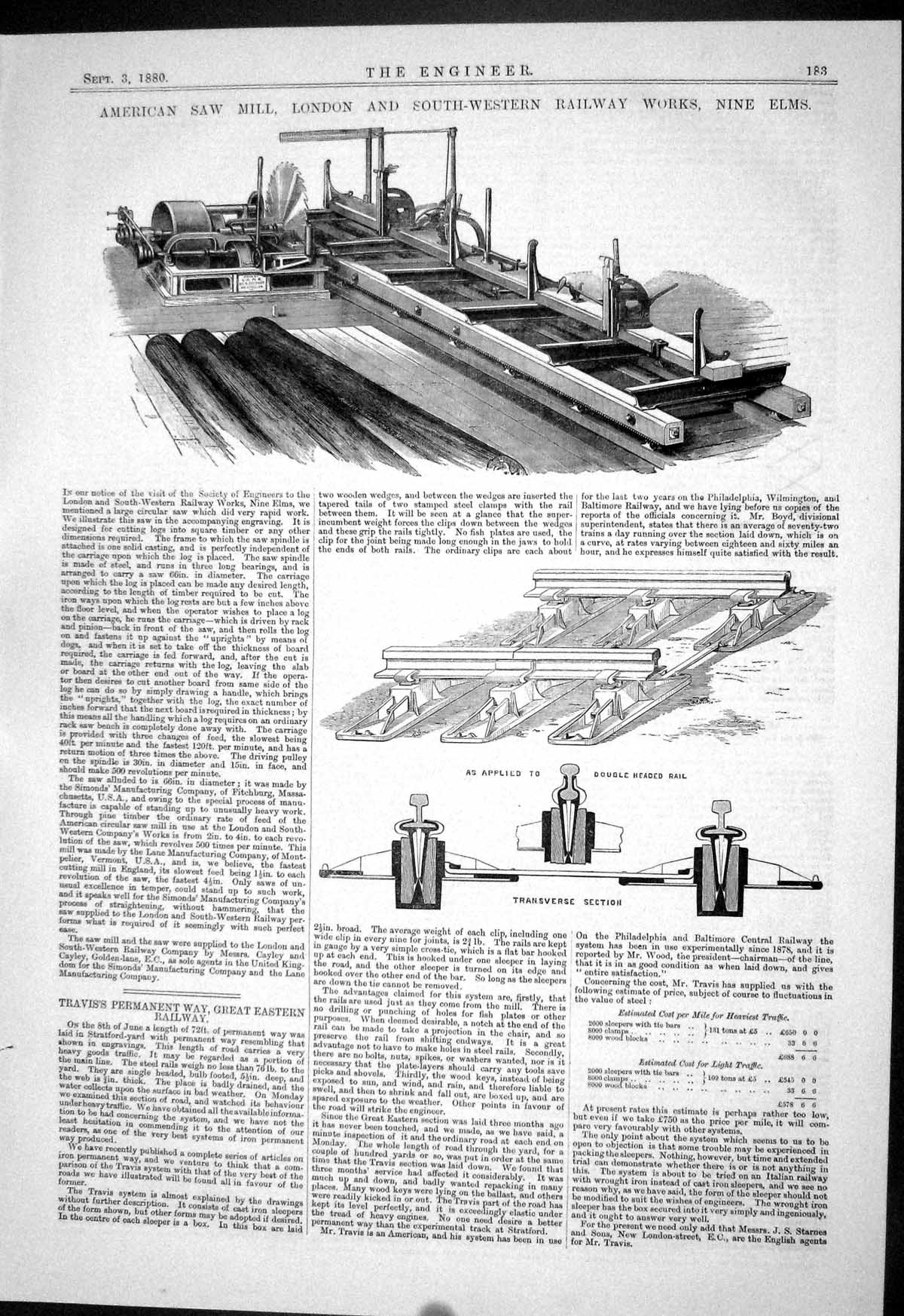 Old Print 1880 American Saw Mill London Railway Works Nine Elms Machinery 19th