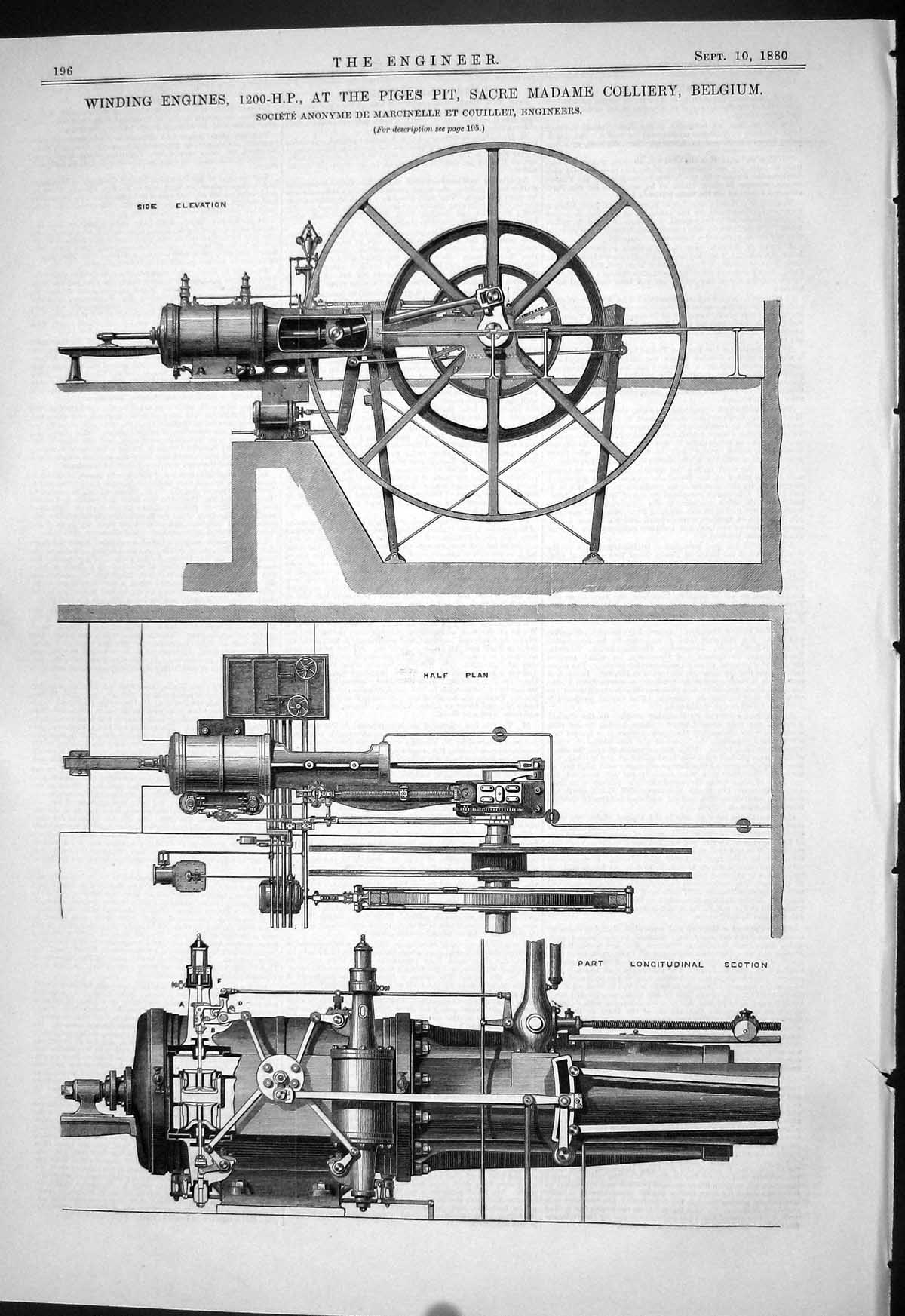 Old Print 1880 Winding Engines 1200-H.P. Piges Pit Sacre Colliery Belgium 19th