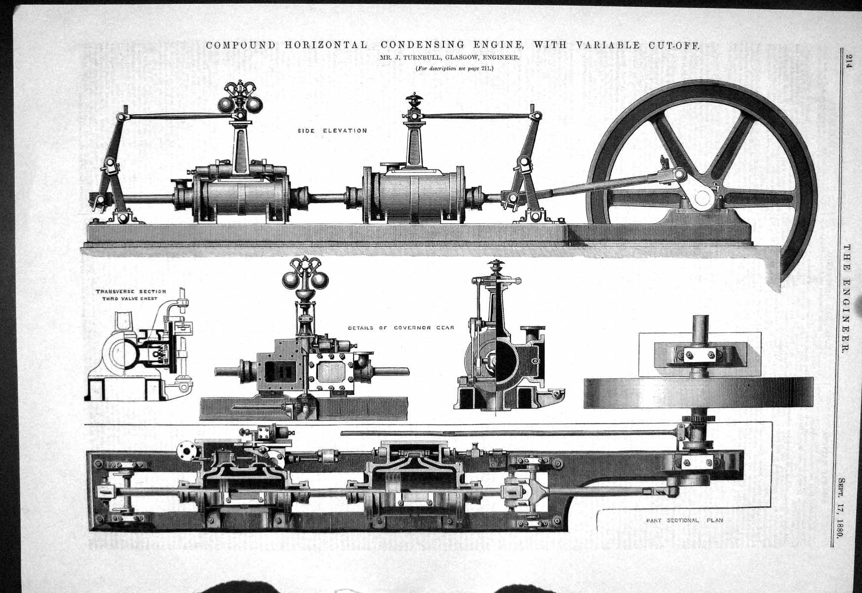 Antique Old Print 1880 Compound Horizontal Condensing Engine Turnbull Glasgow