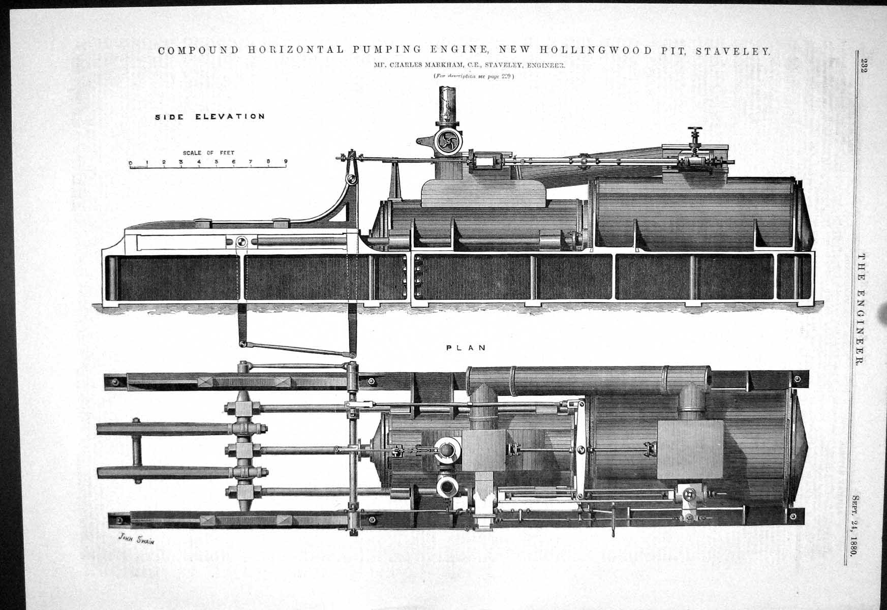 Old Print 1880 Horizontal Pumping Engine Hollingwood Pit Staveley Markham 19th