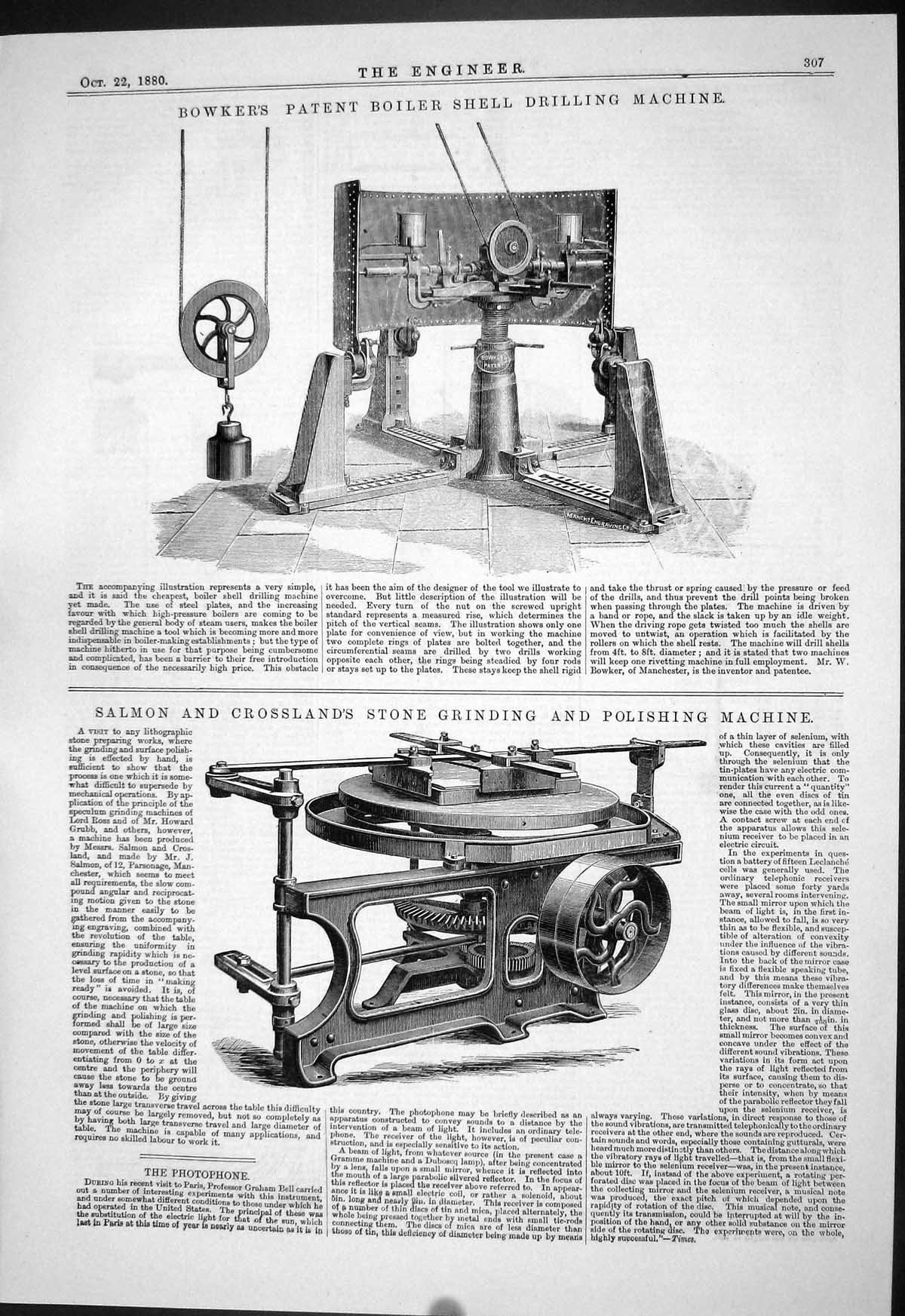 Antique Old Print 1880 Bowker Boiler Shell Drilling Machine Salmon Crossland