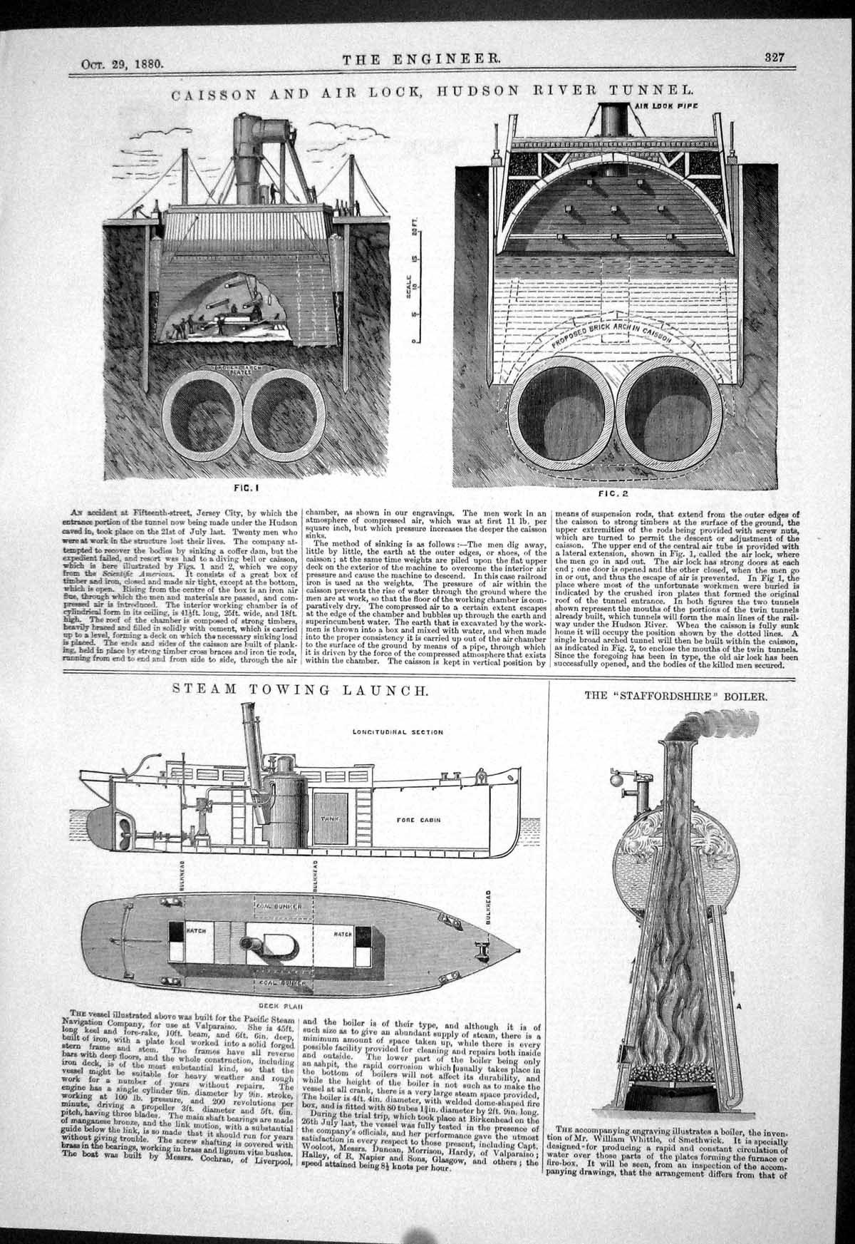 Old Print 1880 Caisson Air Lock Hudson River Tunnel Staffordshire Boiler 19th